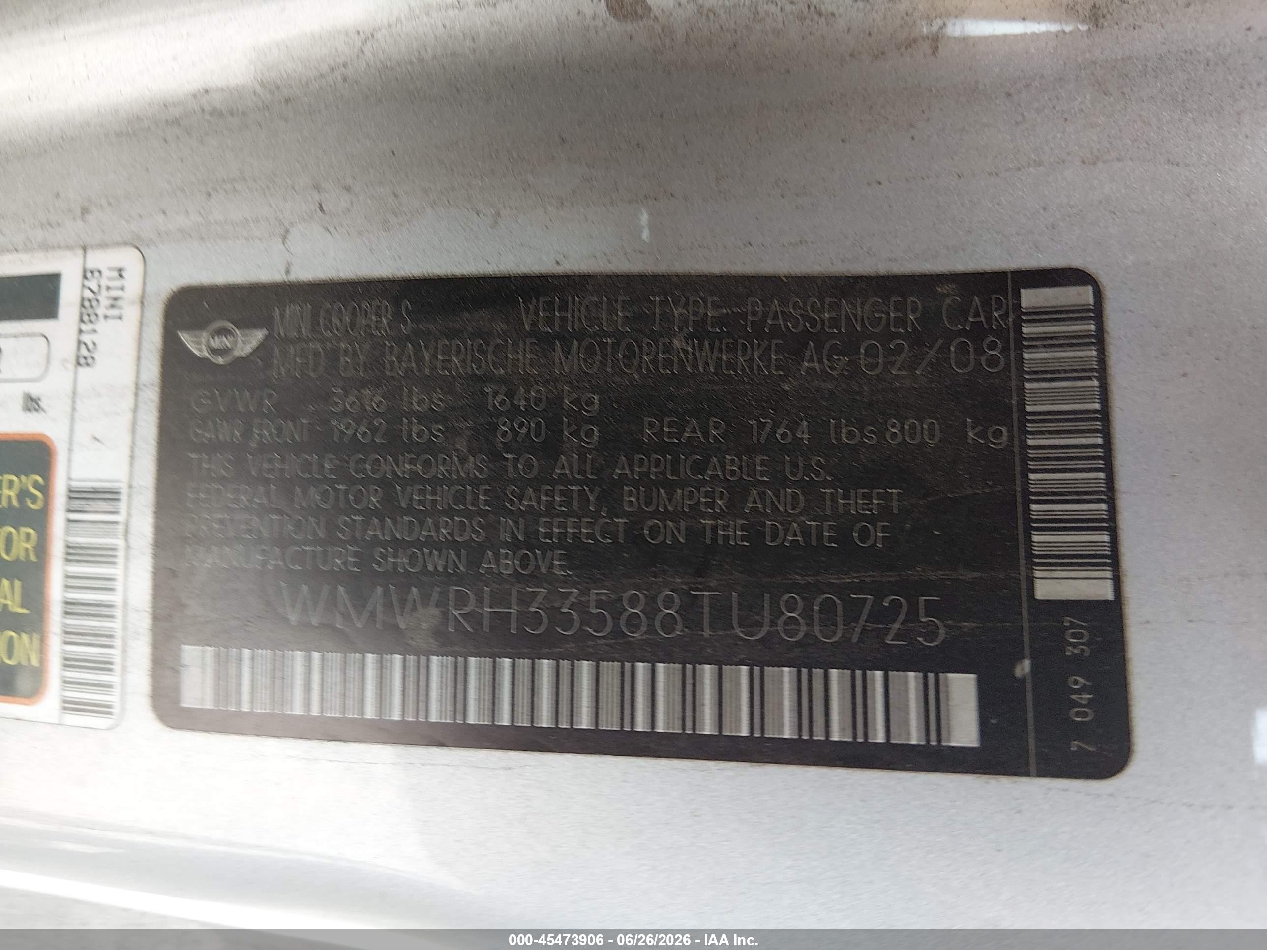 2008 Mini Cooper S   Silver vin: WMWRH33588TU80725