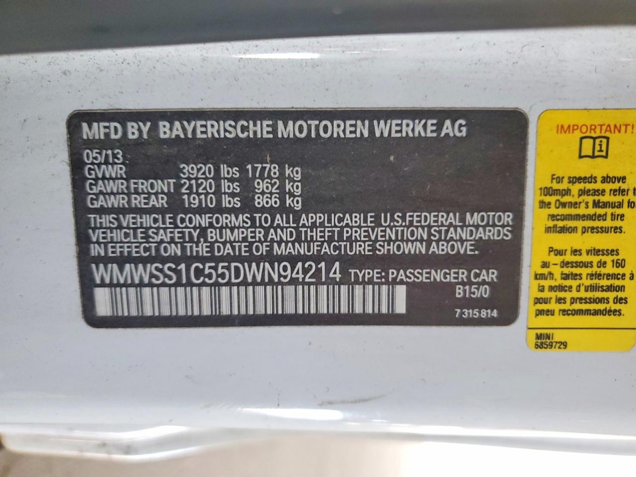 2013 Mini Cooper Paceman White vin: WMWSS1C55DWN94214