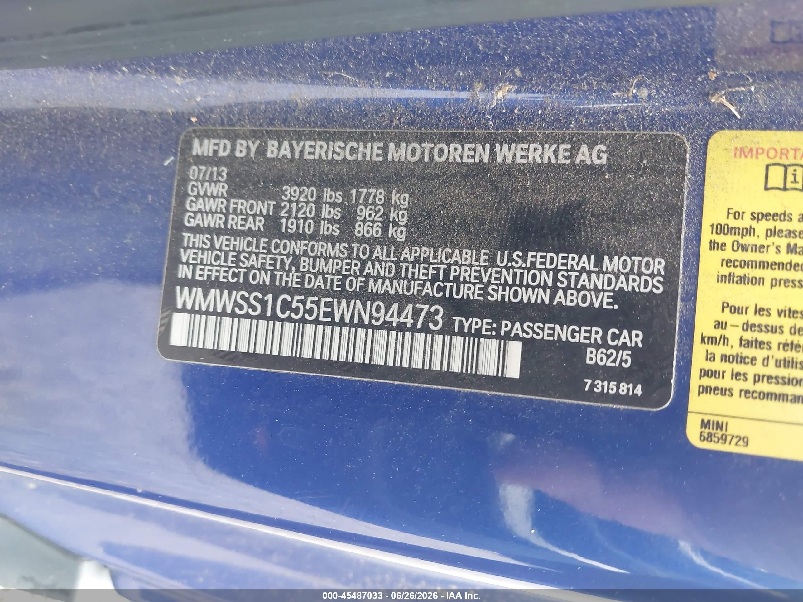 2014 Mini Paceman Cooper Blue vin: WMWSS1C55EWN94473