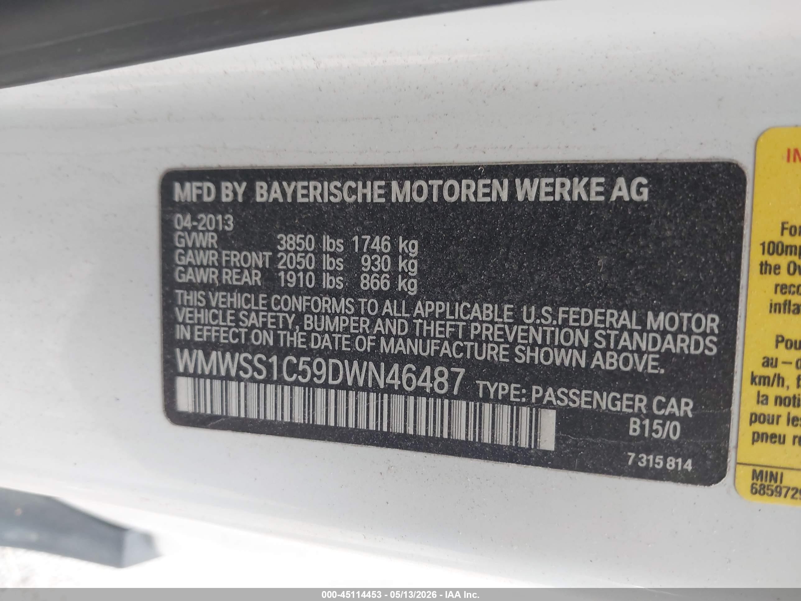2013 Mini Cooper Paceman White vin: WMWSS1C59DWN46487