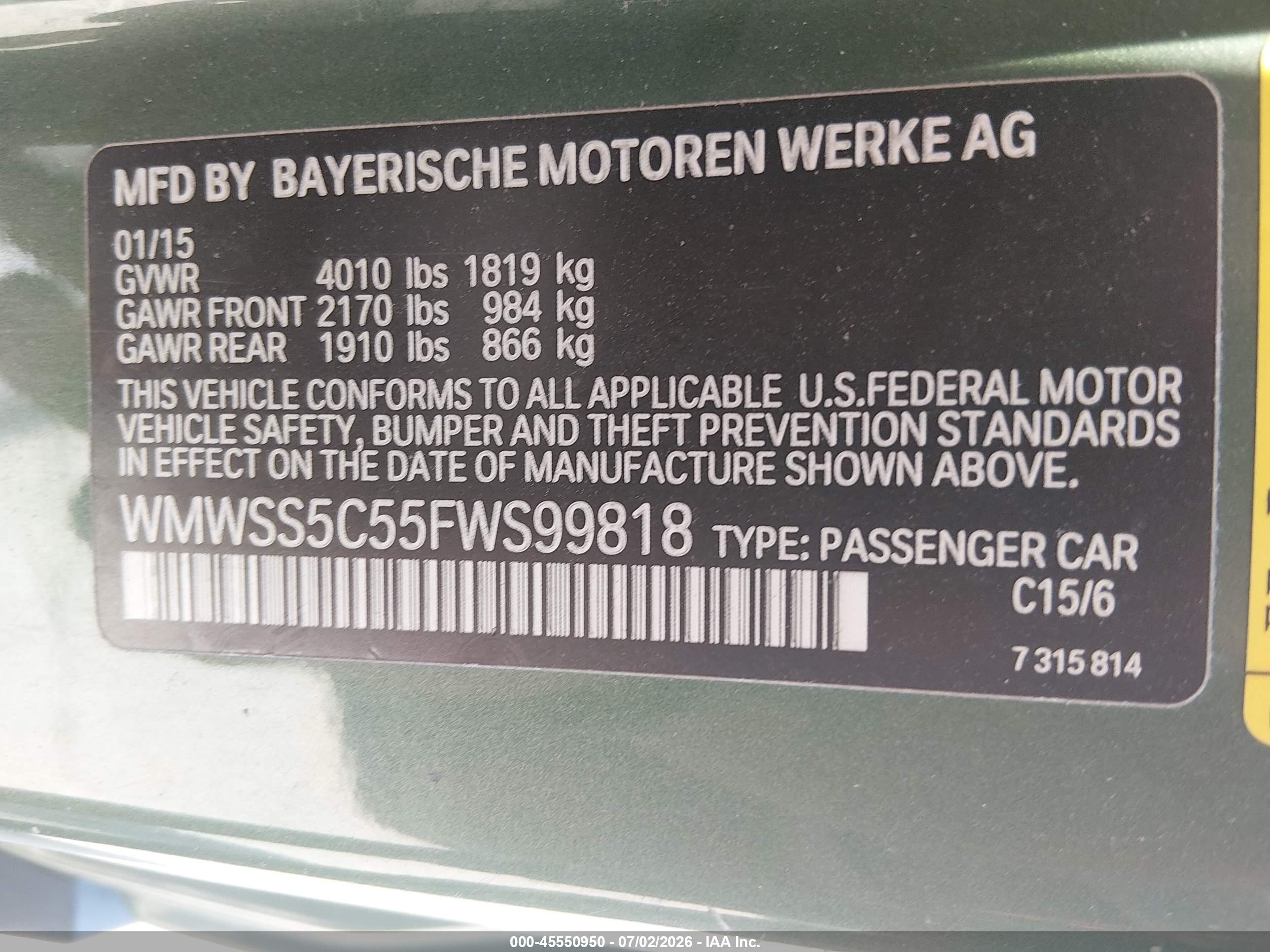 2015 Mini Paceman Cooper S Green vin: WMWSS5C55FWS99818