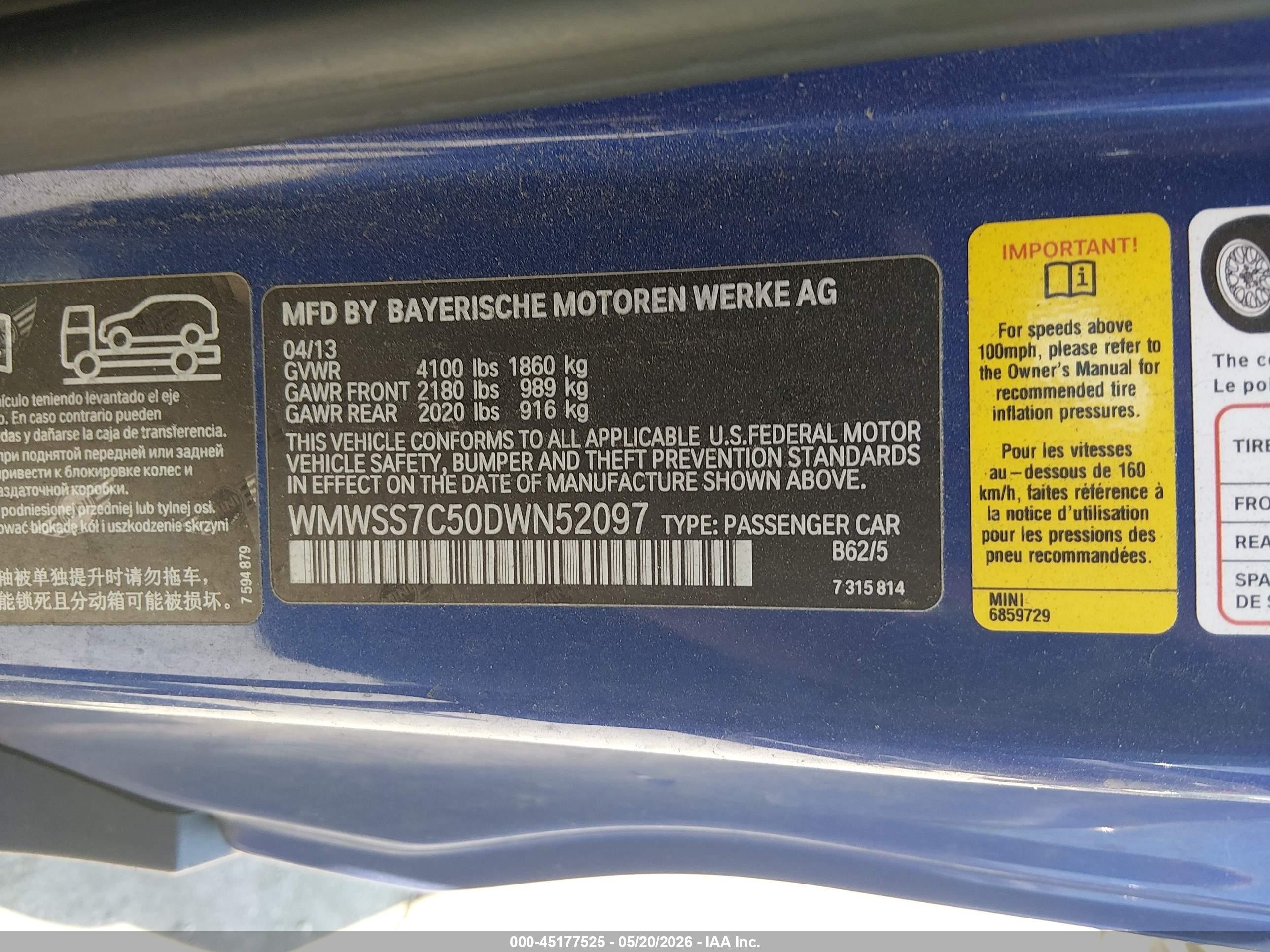 2013 Mini Paceman Cooper S Blue vin: WMWSS7C50DWN52097