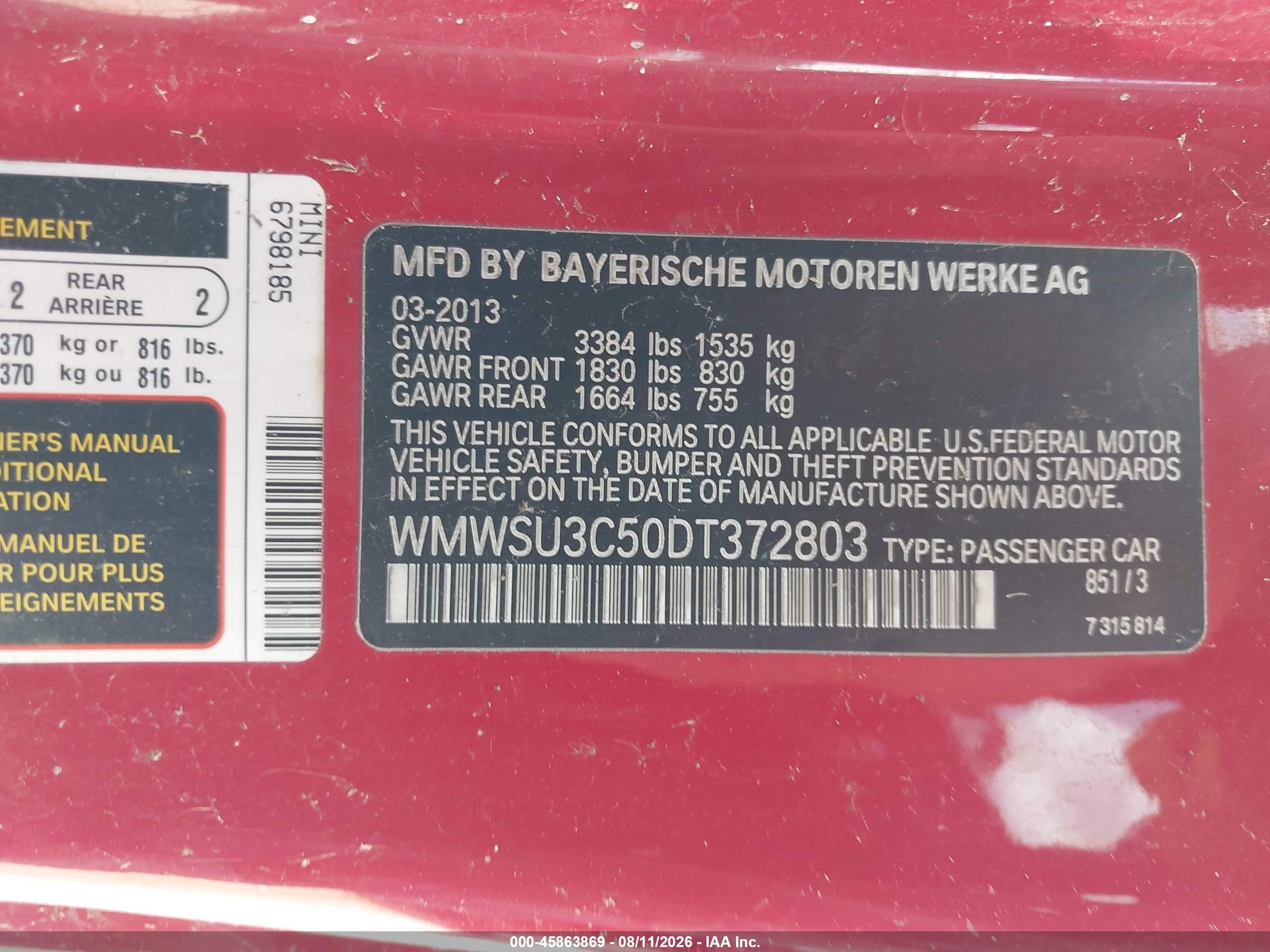 2013 Mini Hardtop Cooper Red vin: WMWSU3C50DT372803