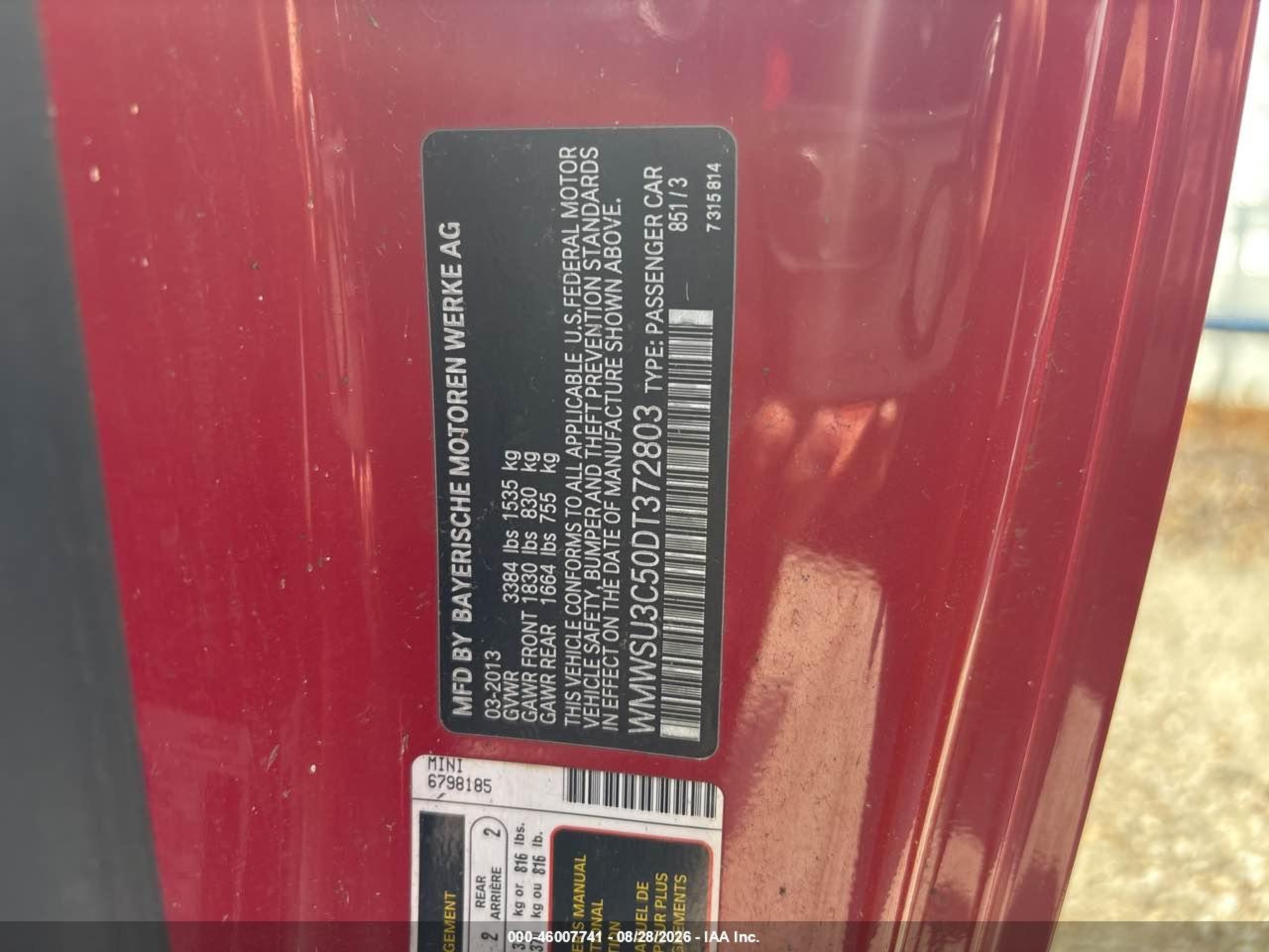 2013 Mini Hardtop Cooper vin: WMWSU3C50DT372803
