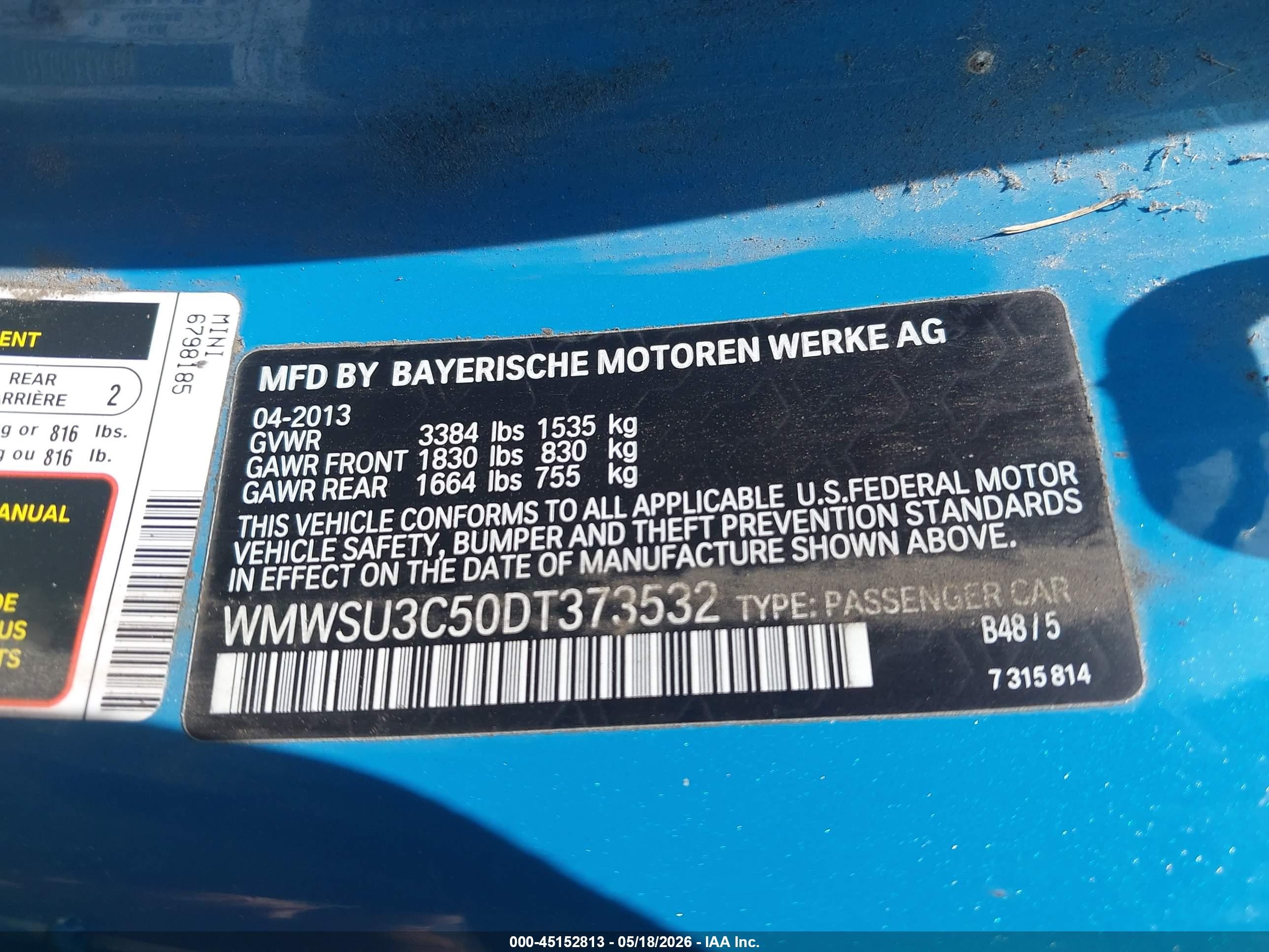 2013 Mini Hardtop Cooper Blue vin: WMWSU3C50DT373532