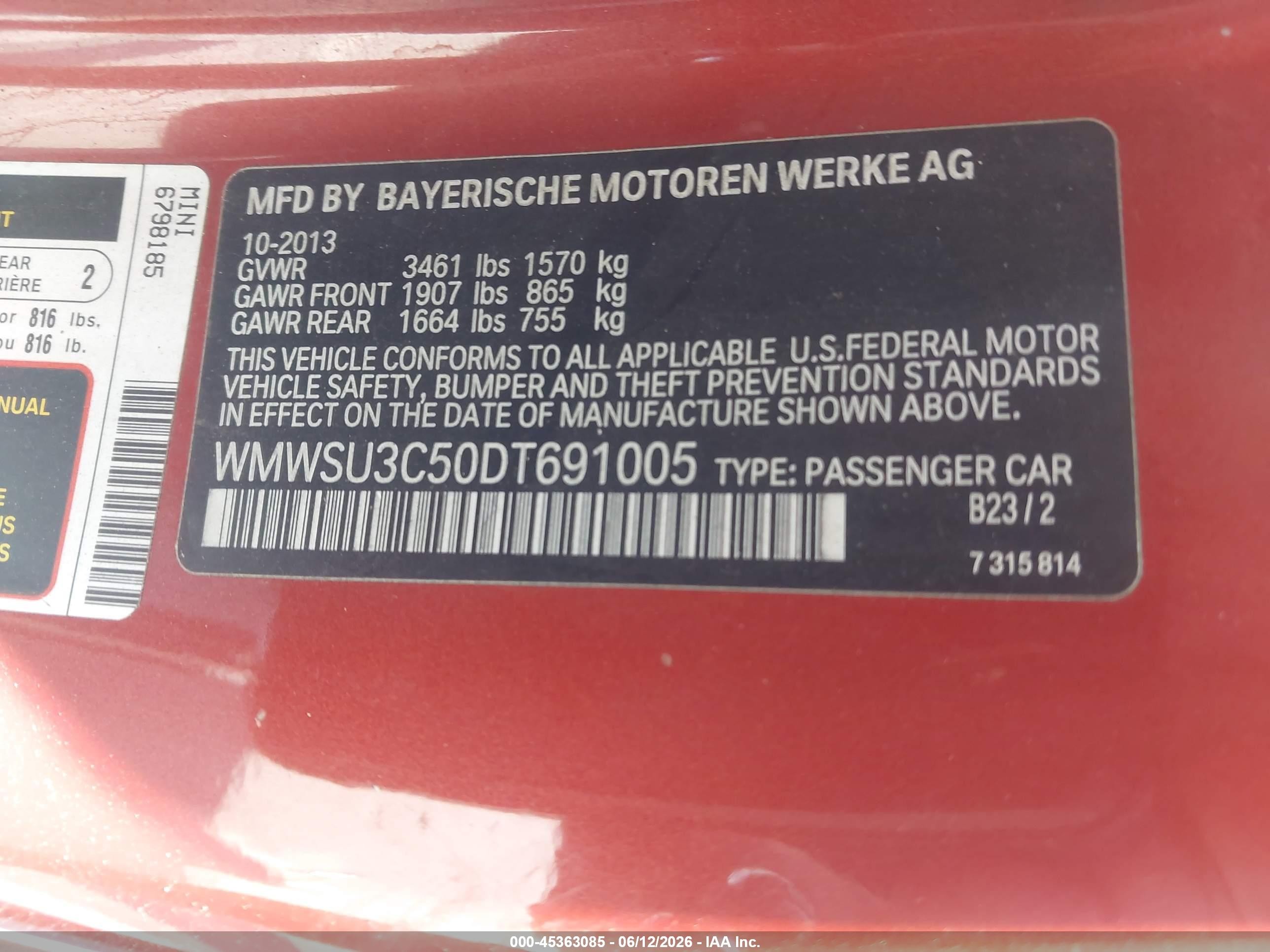 2013 Mini Hardtop Cooper Orange vin: WMWSU3C50DT691005