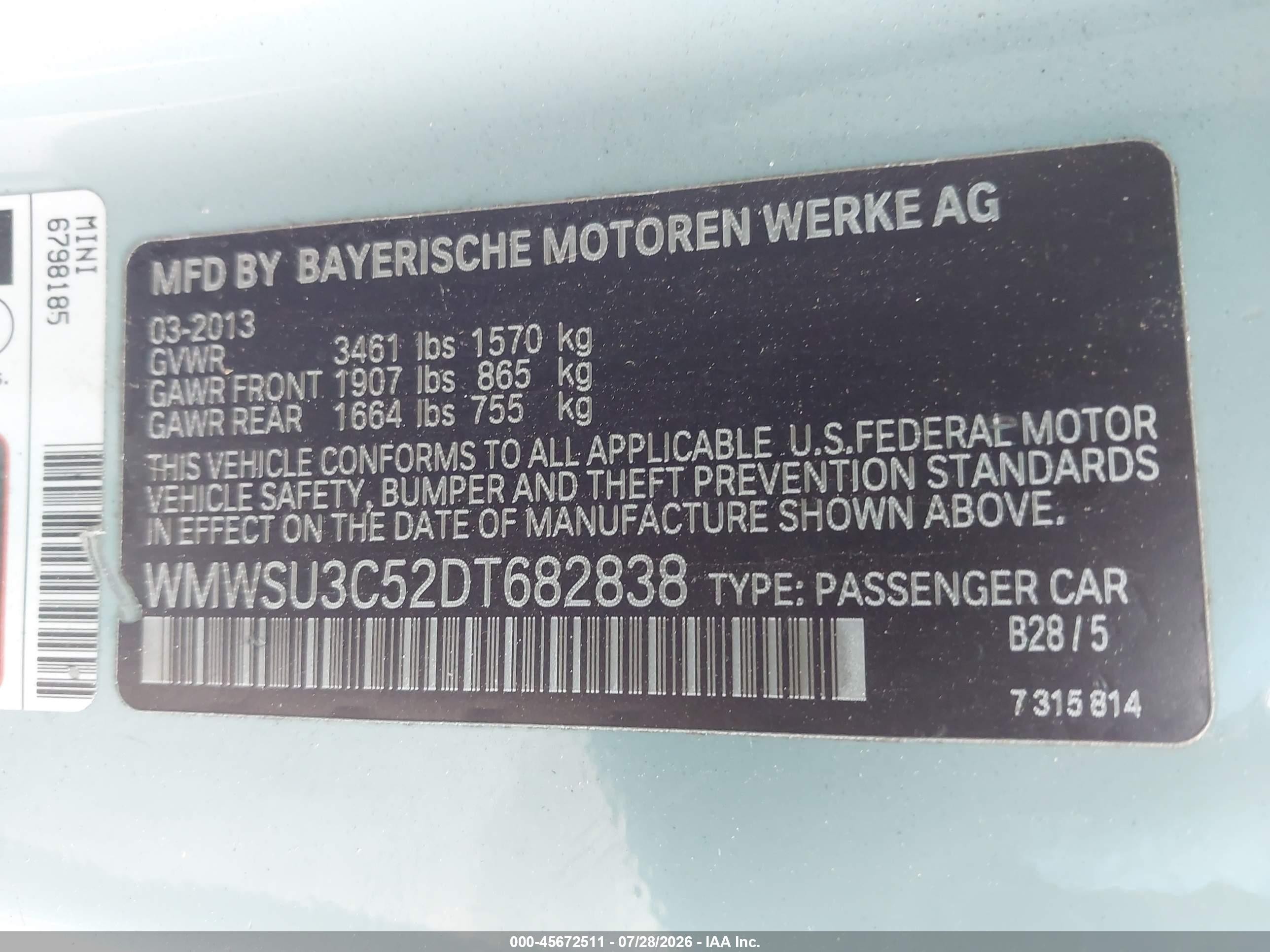 2013 Mini Hardtop Cooper Light Blue vin: WMWSU3C52DT682838