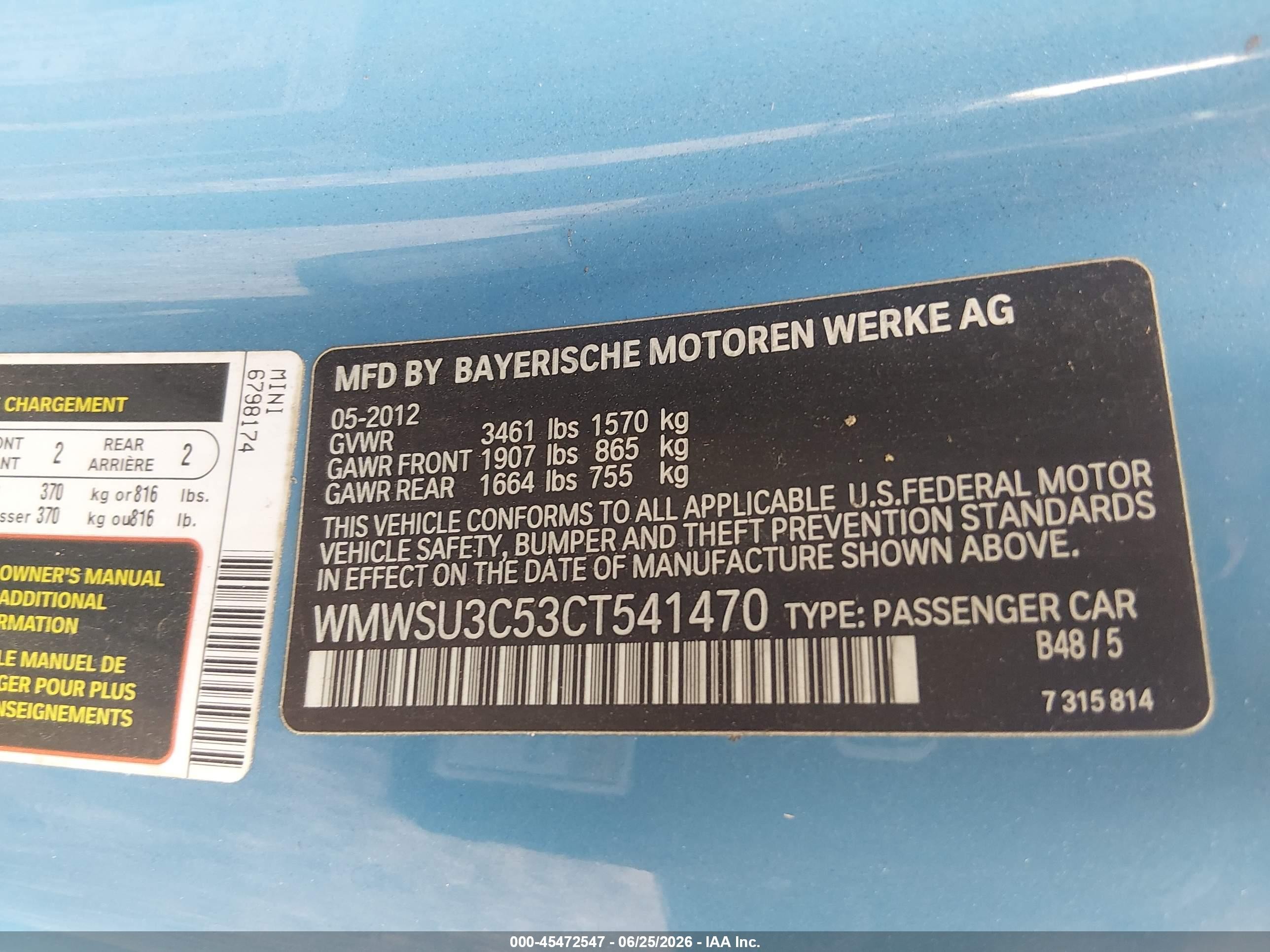 2012 Mini Cooper   Blue vin: WMWSU3C53CT541470