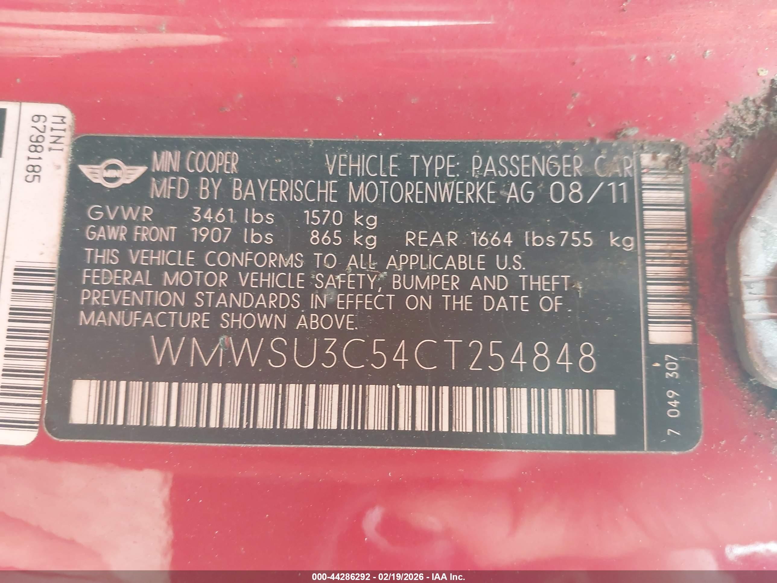 2012 Mini Cooper Red vin: WMWSU3C54CT254848