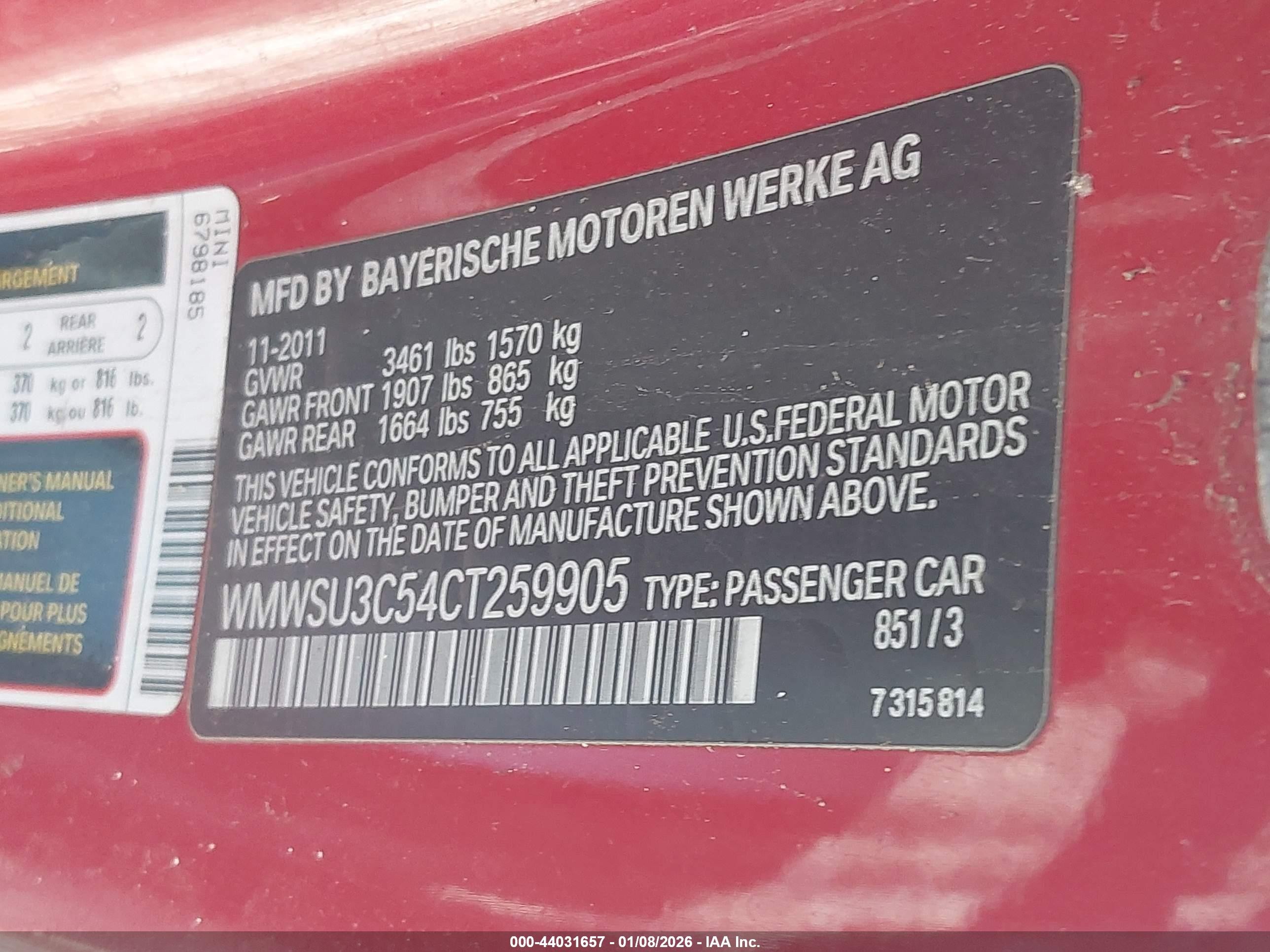 2012 Mini Cooper   Red vin: WMWSU3C54CT259905