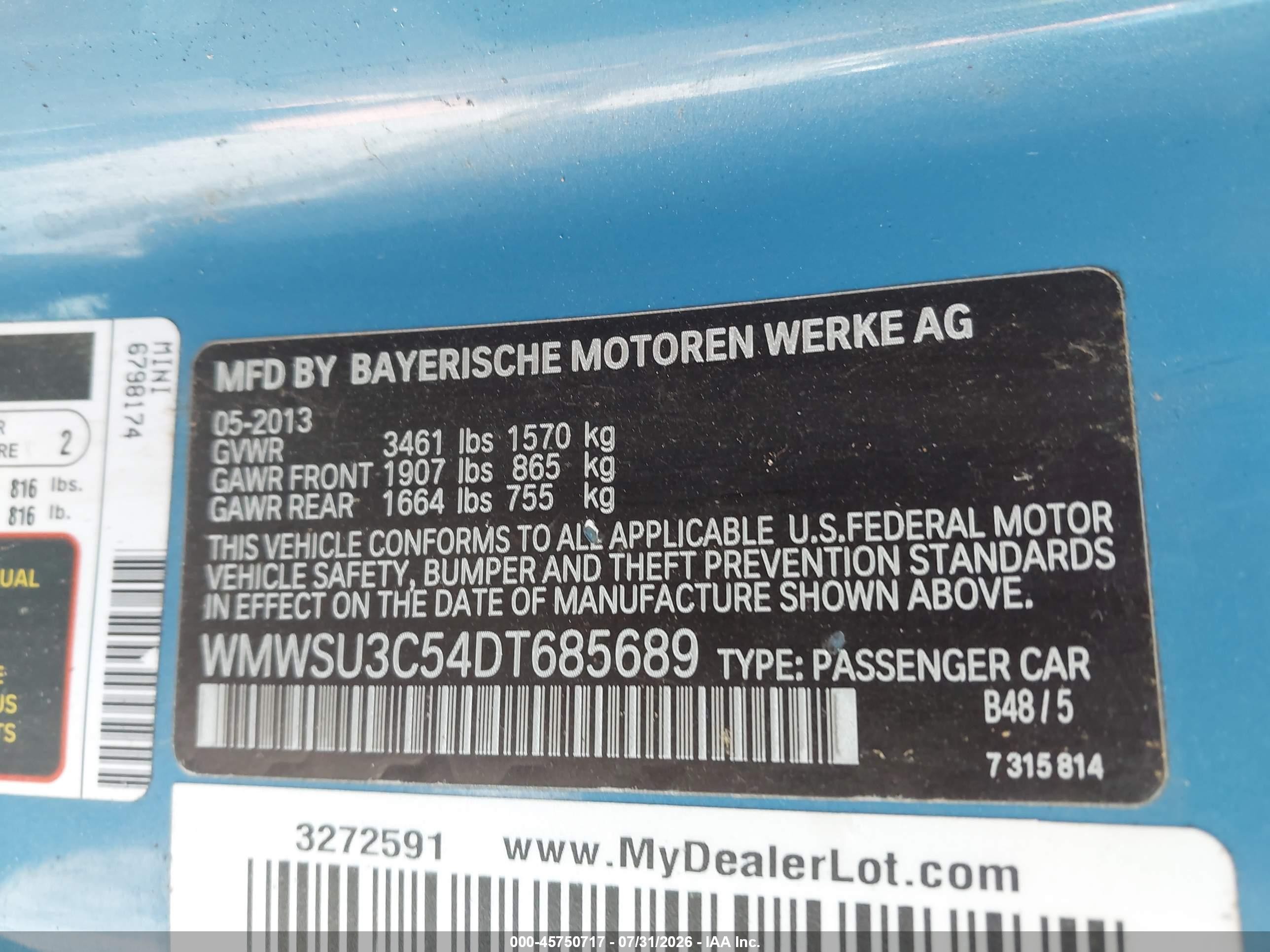 2013 Mini Hardtop Cooper Blue vin: WMWSU3C54DT685689