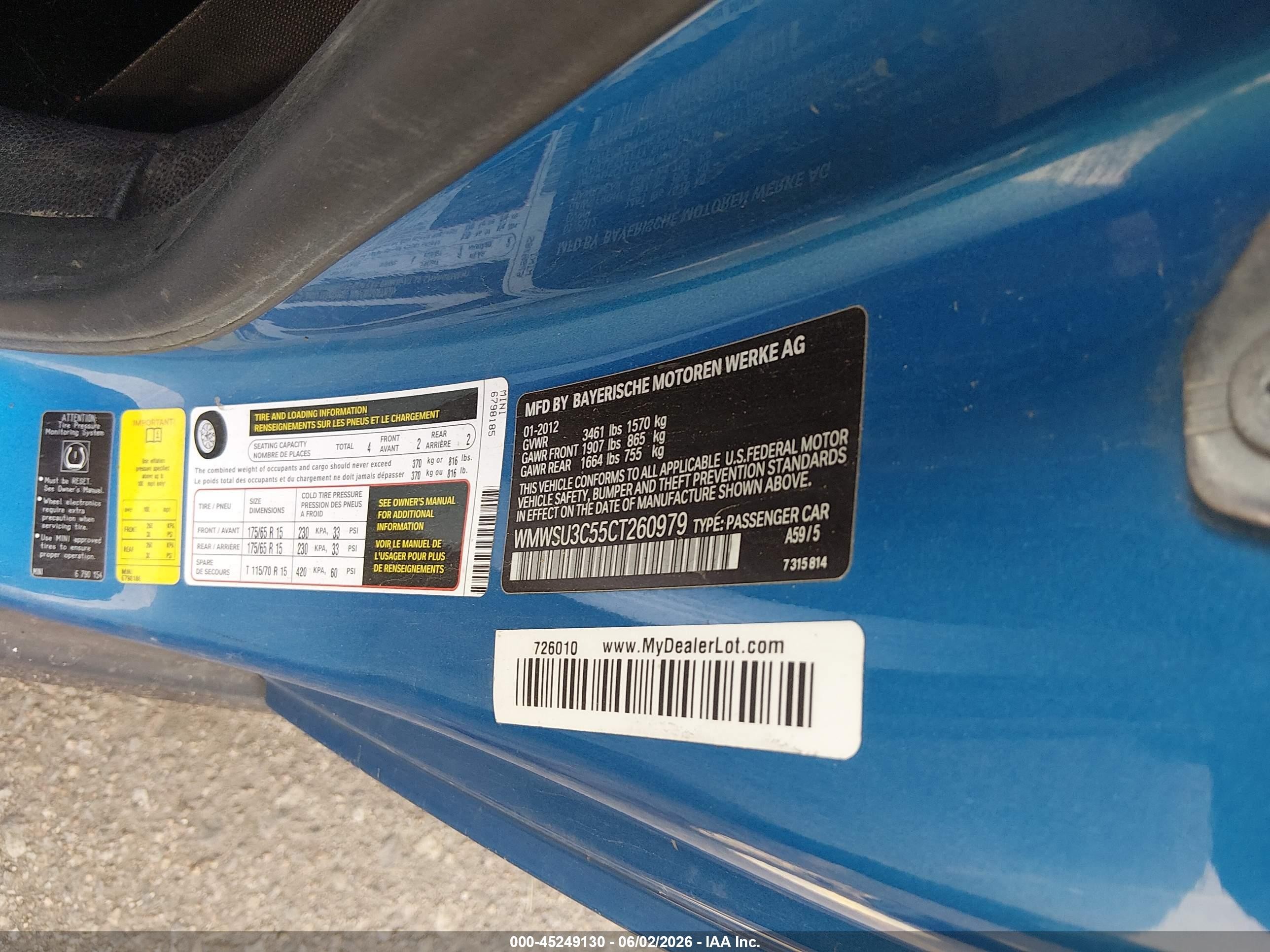 2012 Mini Cooper   Blue vin: WMWSU3C55CT260979