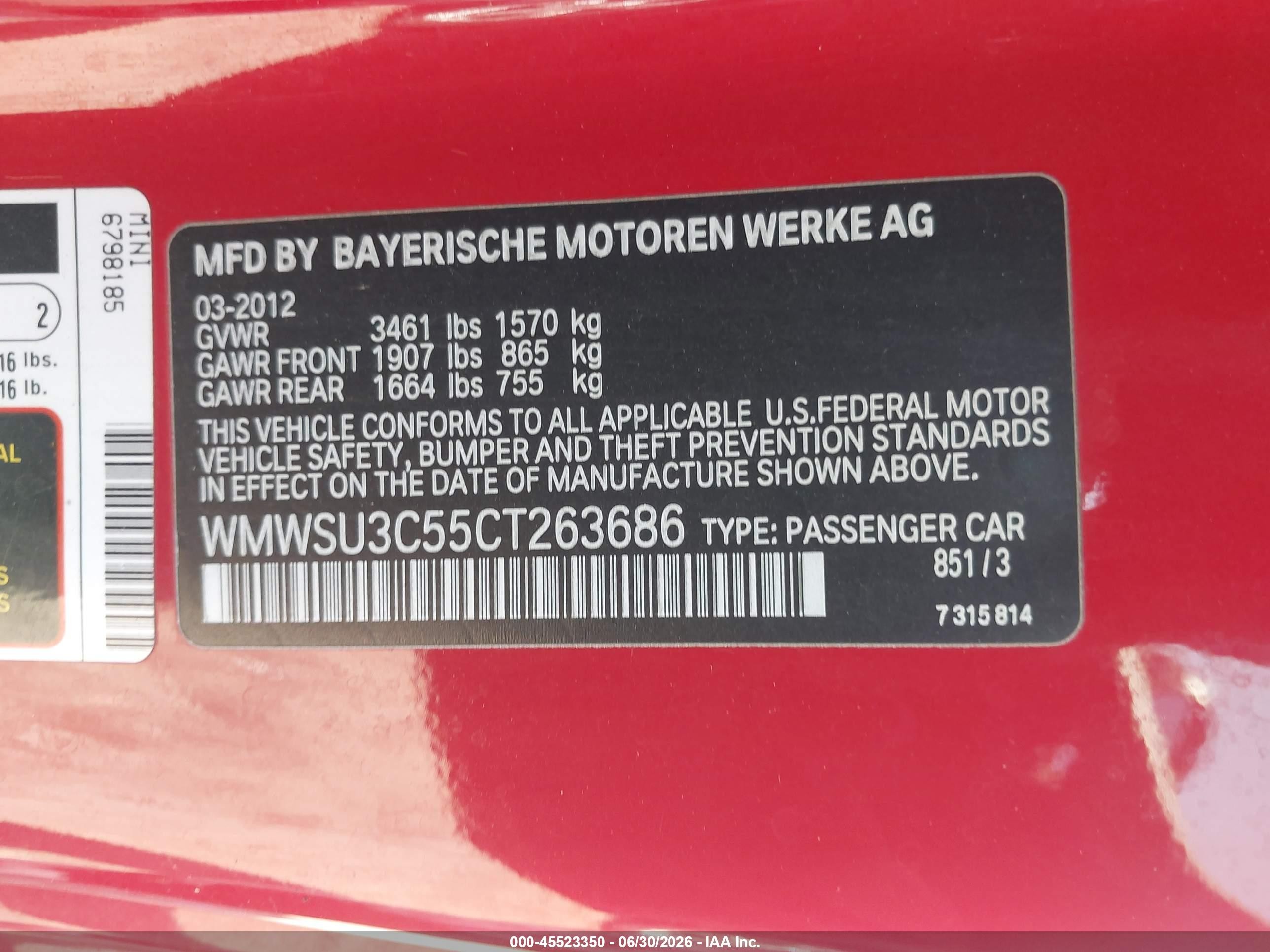 2012 Mini Cooper   Red vin: WMWSU3C55CT263686