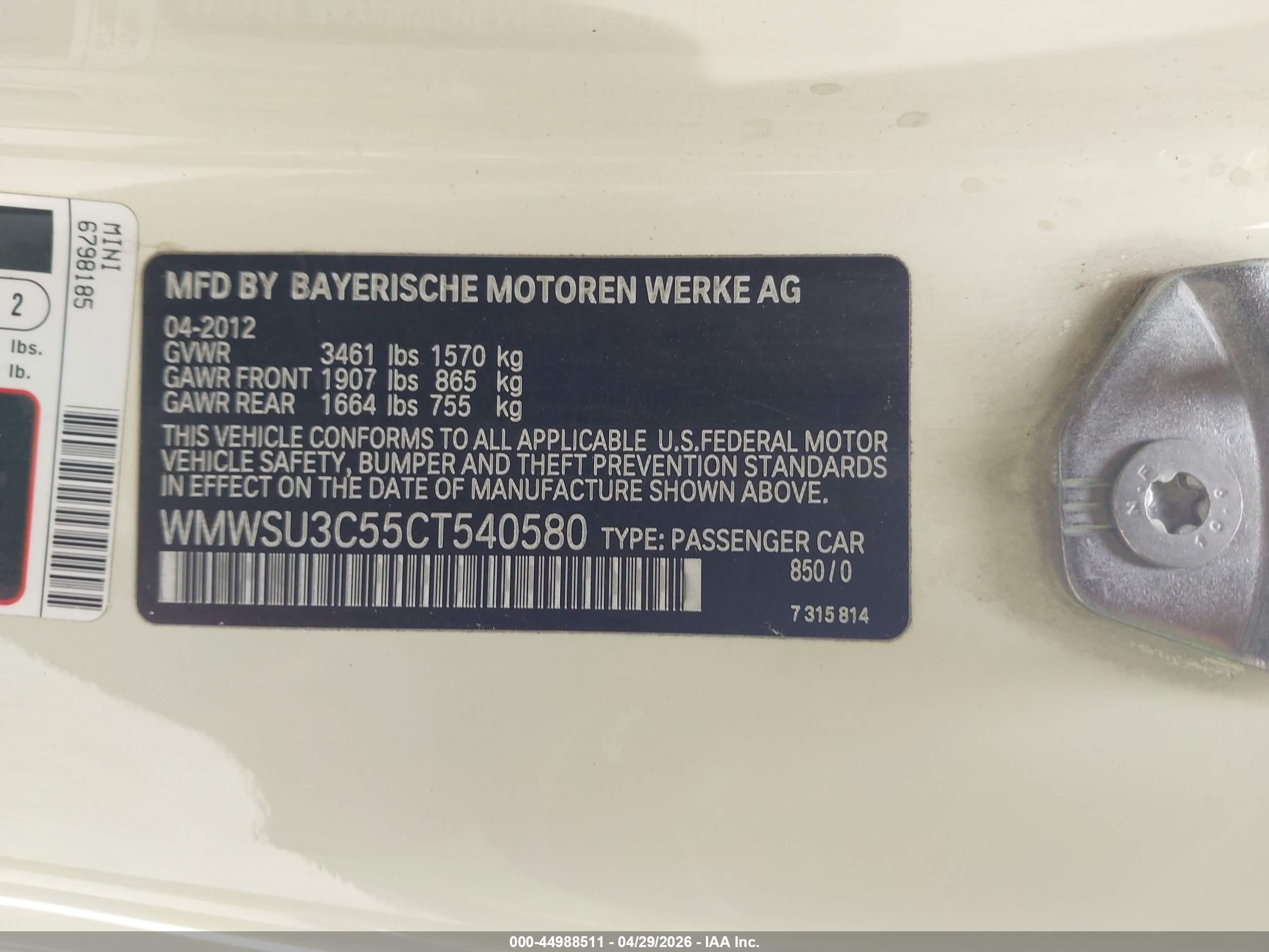 2012 Mini Cooper   White vin: WMWSU3C55CT540580