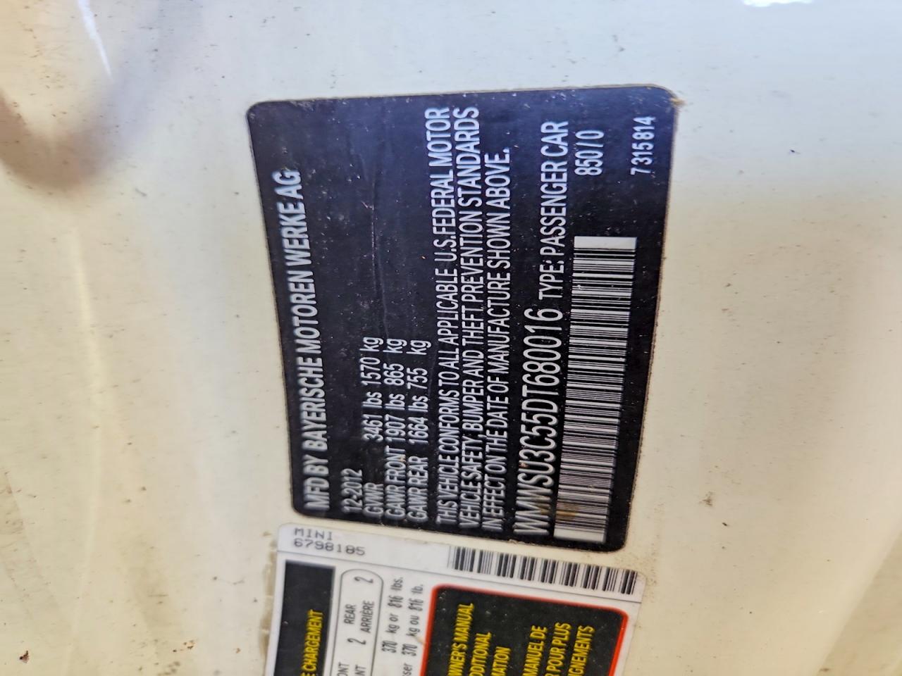 2013 Mini Cooper White vin: WMWSU3C55DT680016