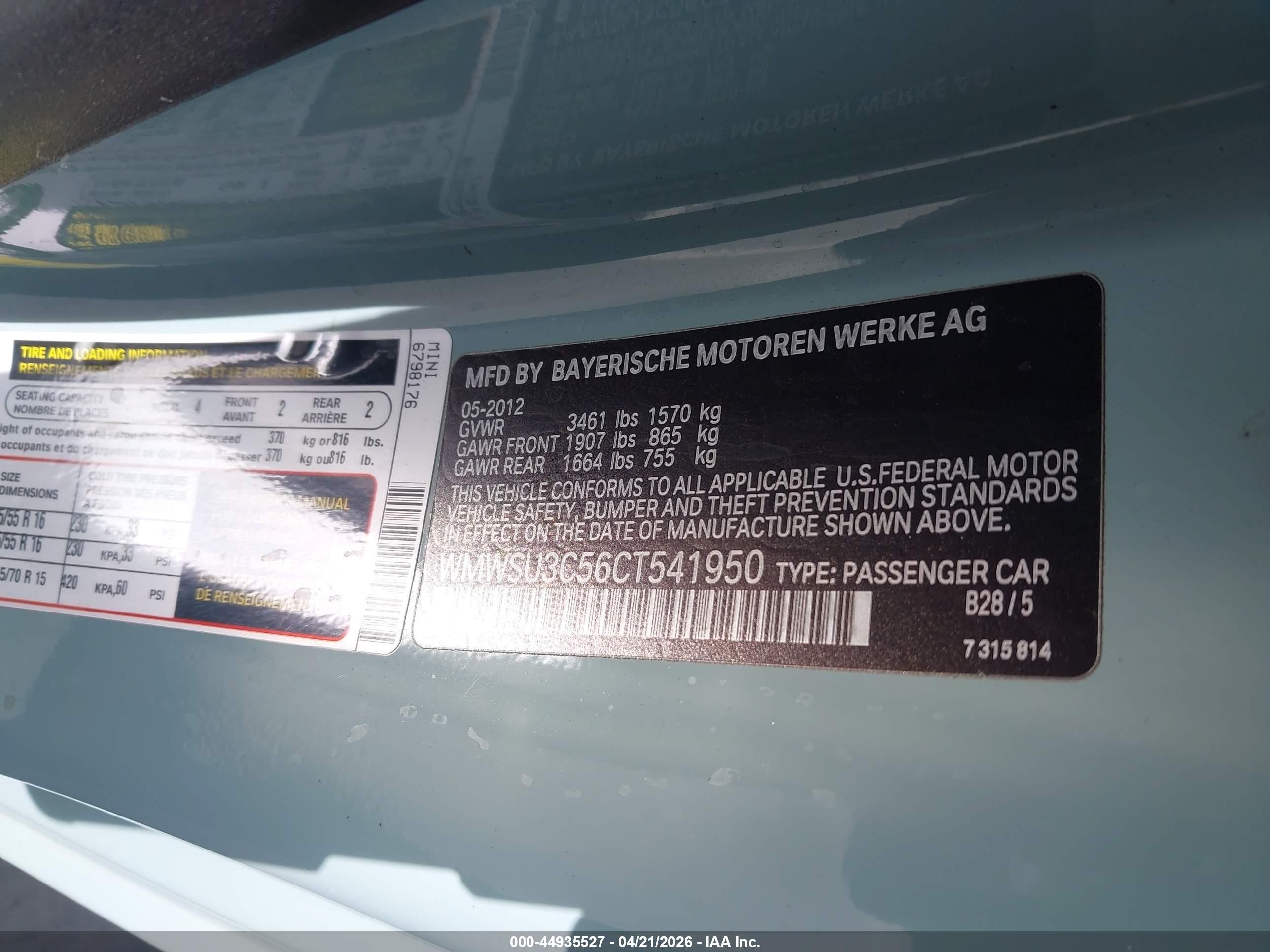 2012 Mini Cooper   Light Blue vin: WMWSU3C56CT541950