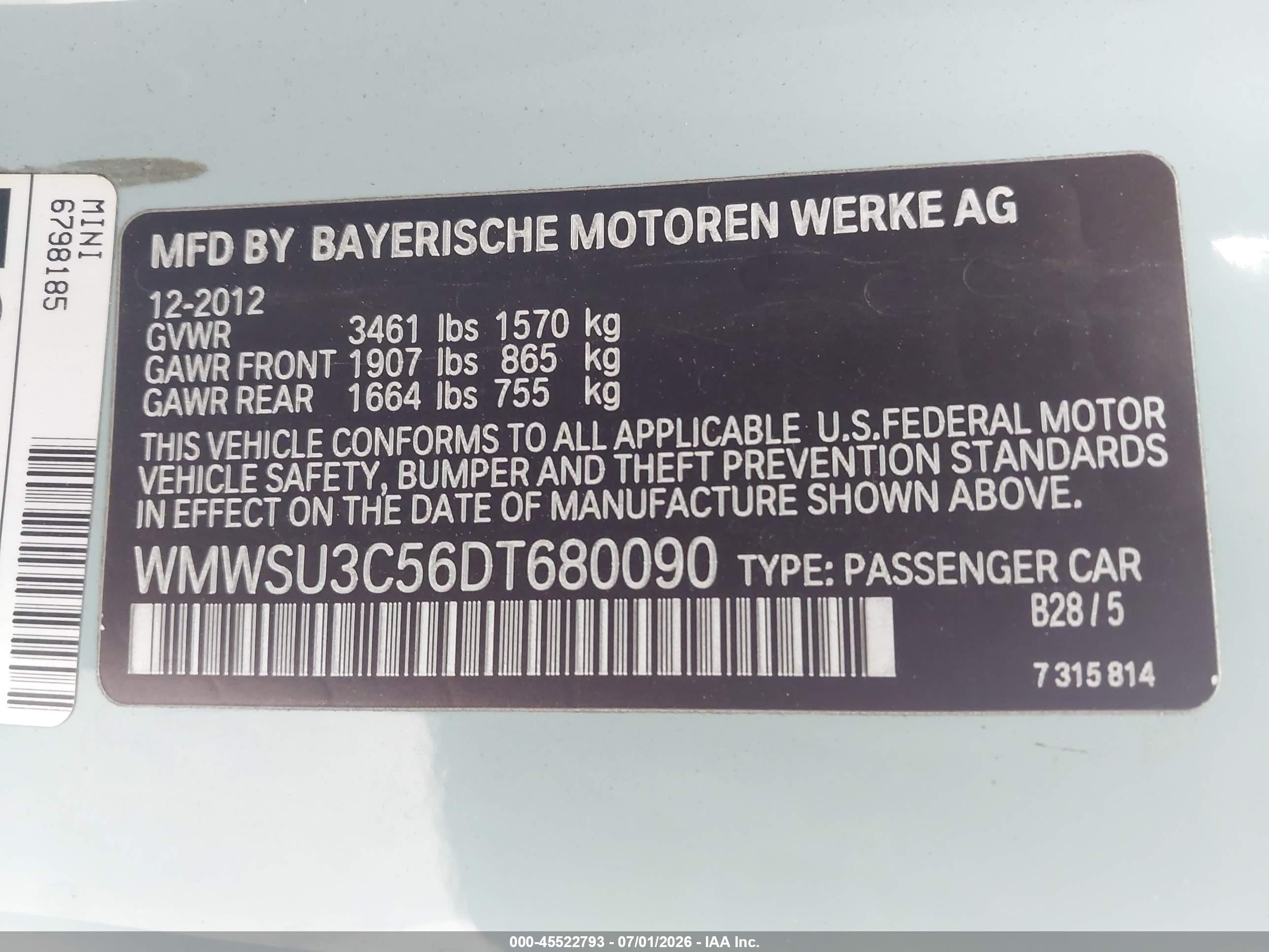 2013 Mini Hardtop Cooper Синий vin: WMWSU3C56DT680090