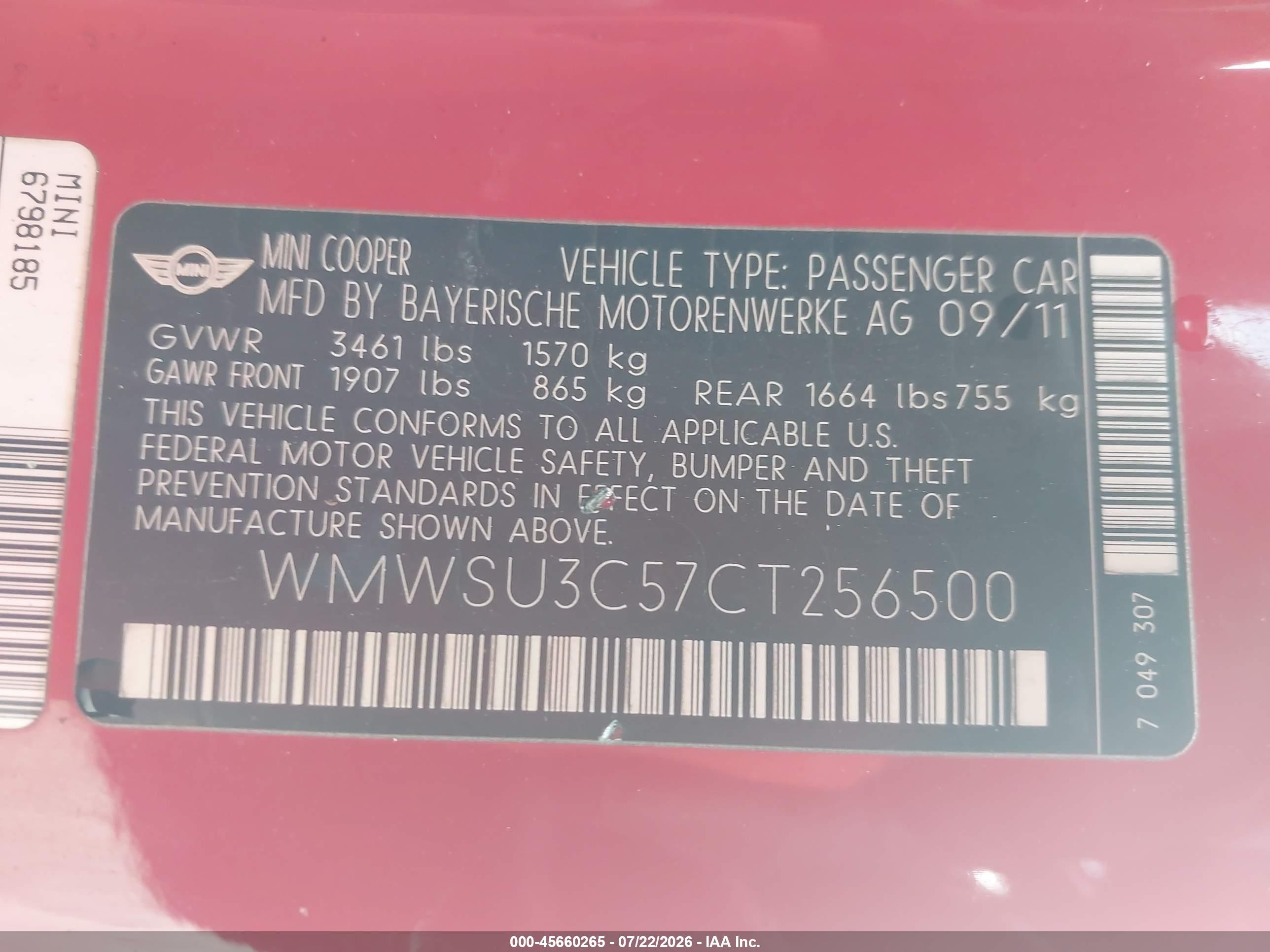 2012 Mini Cooper   Red vin: WMWSU3C57CT256500