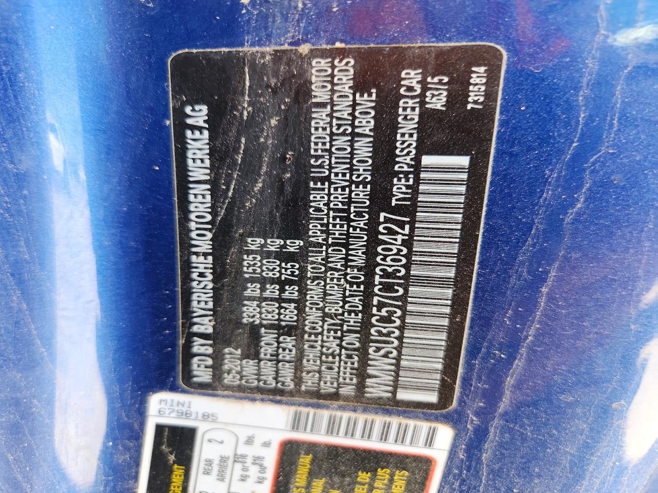 2012 Mini Cooper Blue vin: WMWSU3C57CT369427