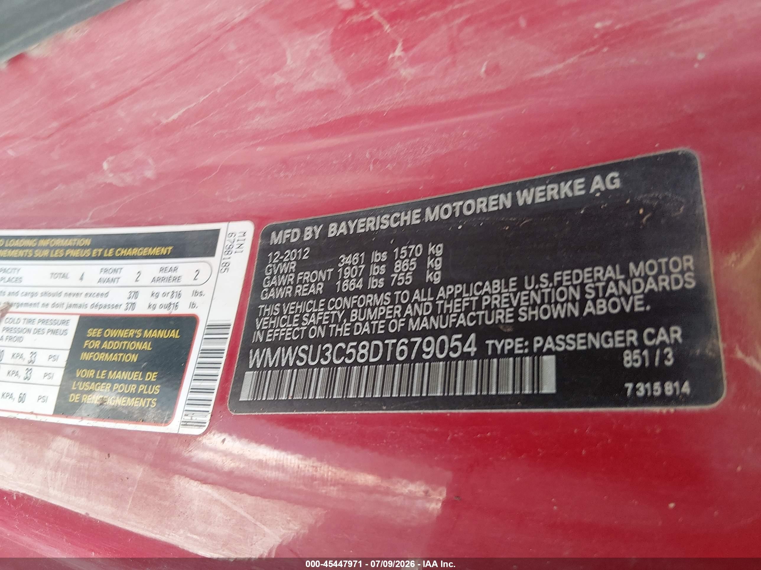 2013 Mini Hardtop Cooper Red vin: WMWSU3C58DT679054