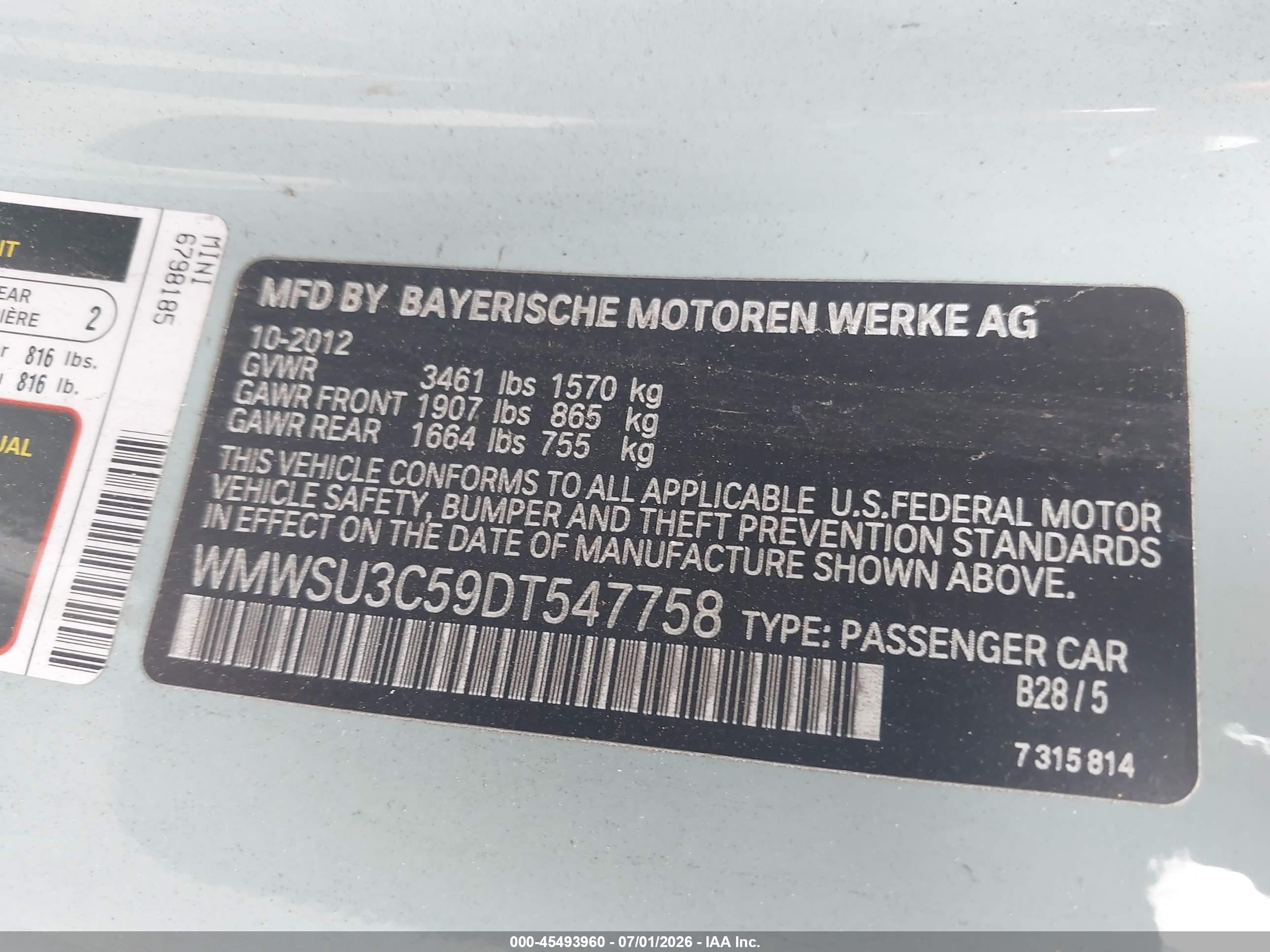 2013 Mini Hardtop Cooper Light Blue vin: WMWSU3C59DT547758