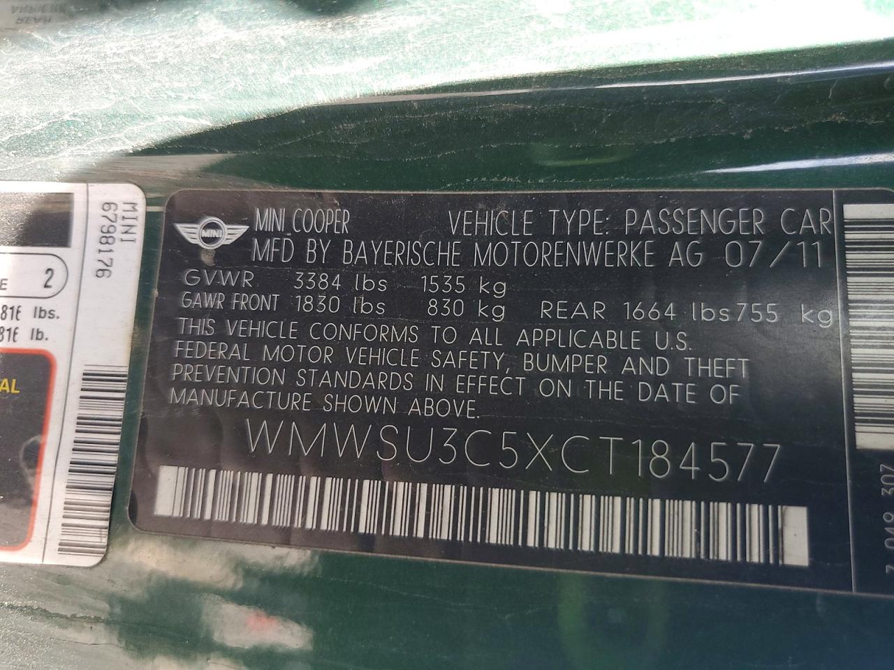 2012 Mini Cooper Green vin: WMWSU3C5XCT184577