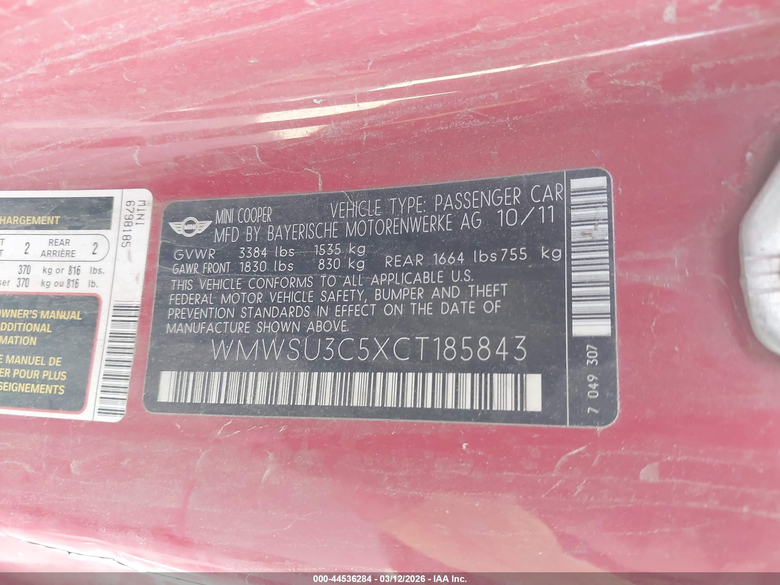 2012 Mini Cooper   Red vin: WMWSU3C5XCT185843