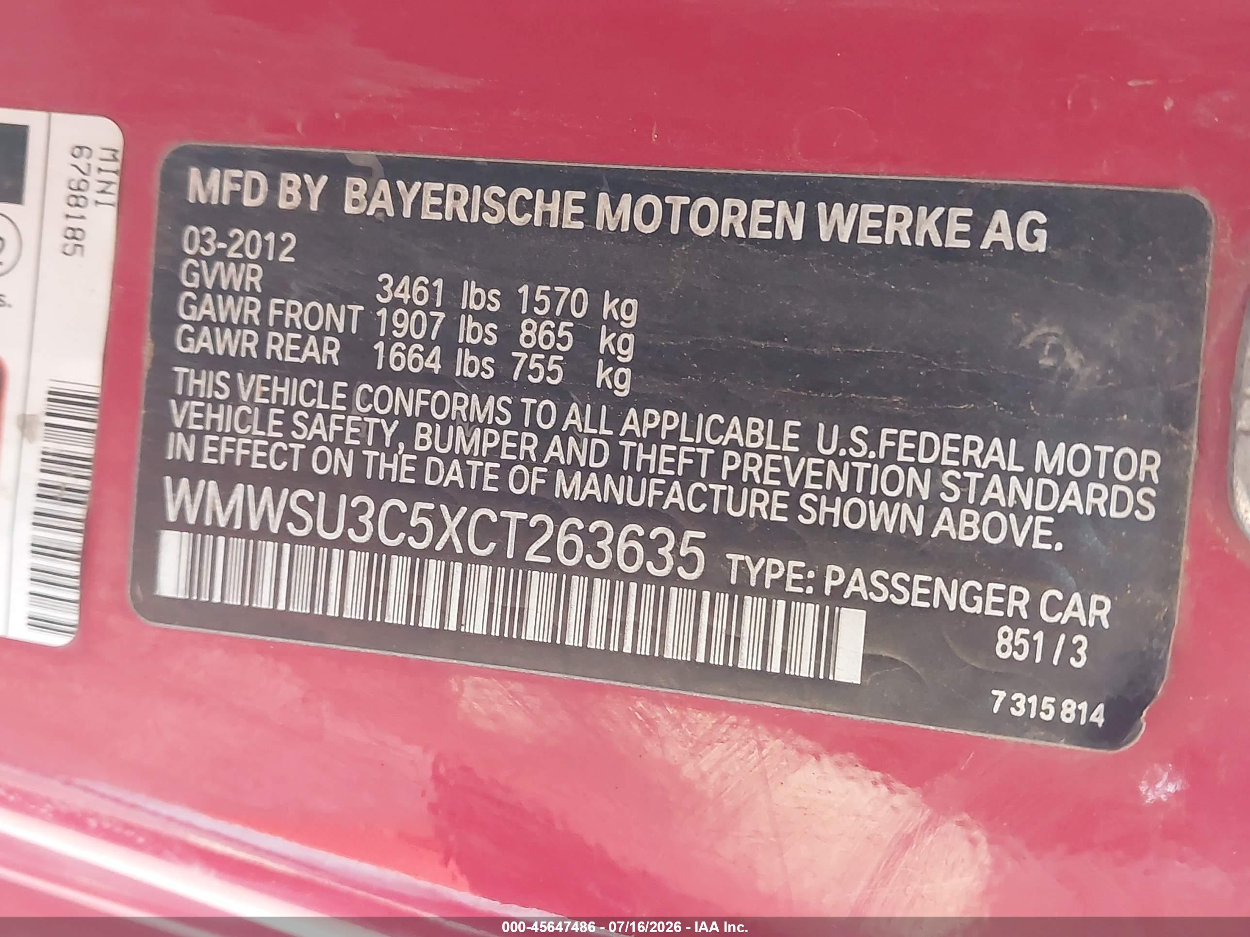2012 Mini Cooper   Red vin: WMWSU3C5XCT263635