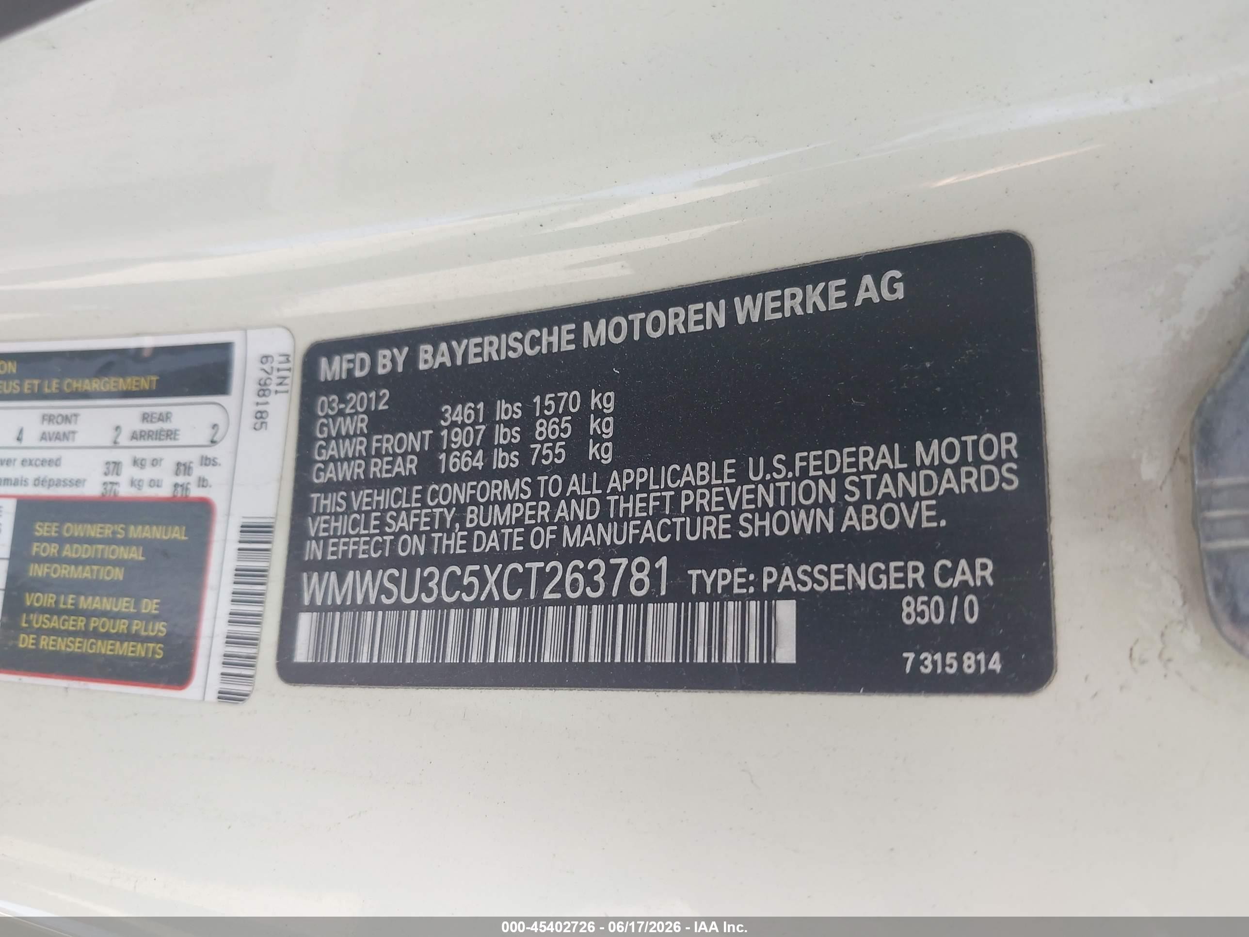 2012 Mini Cooper White vin: WMWSU3C5XCT263781