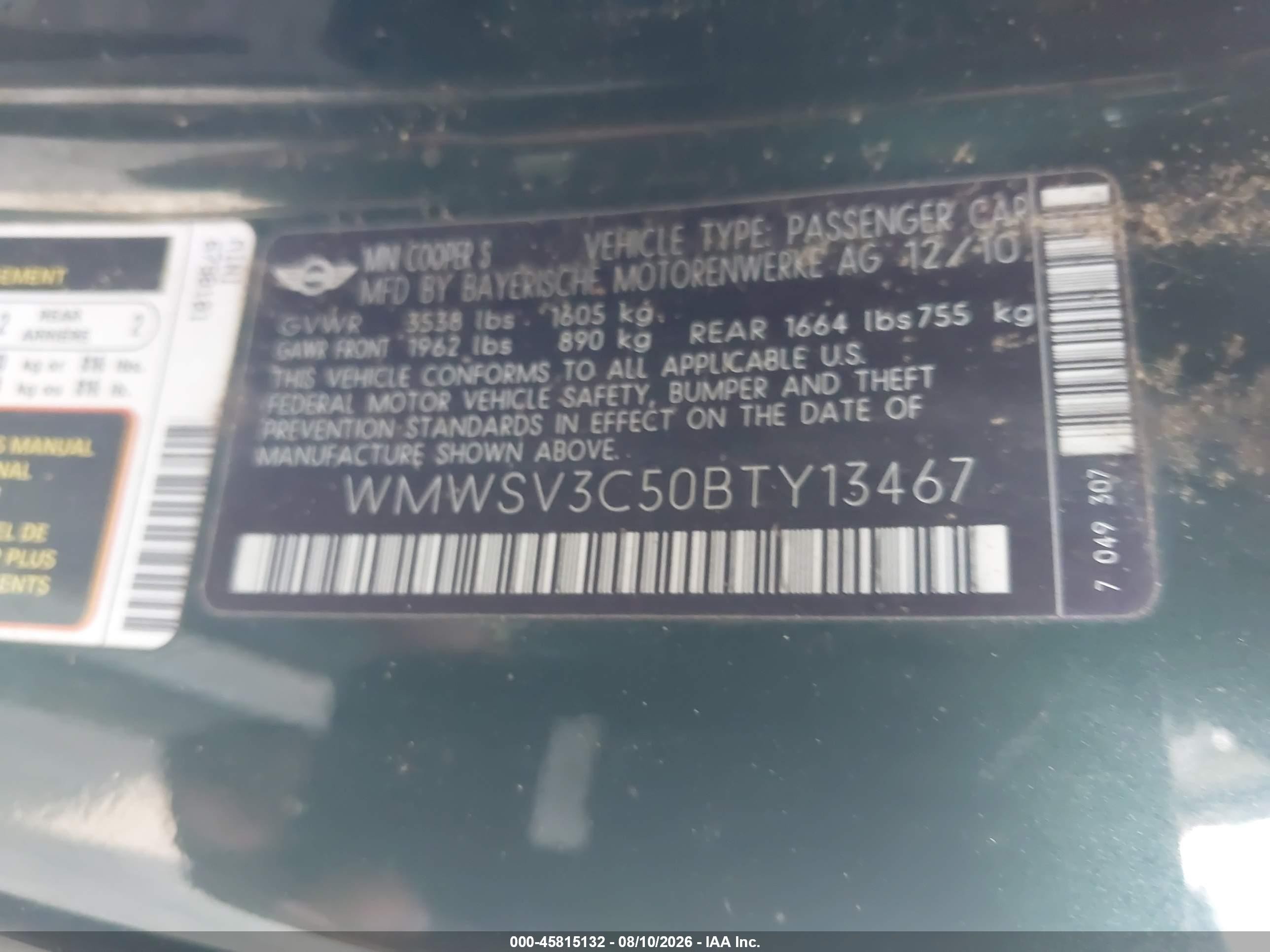 2011 Mini Cooper S   Зеленый vin: WMWSV3C50BTY13467
