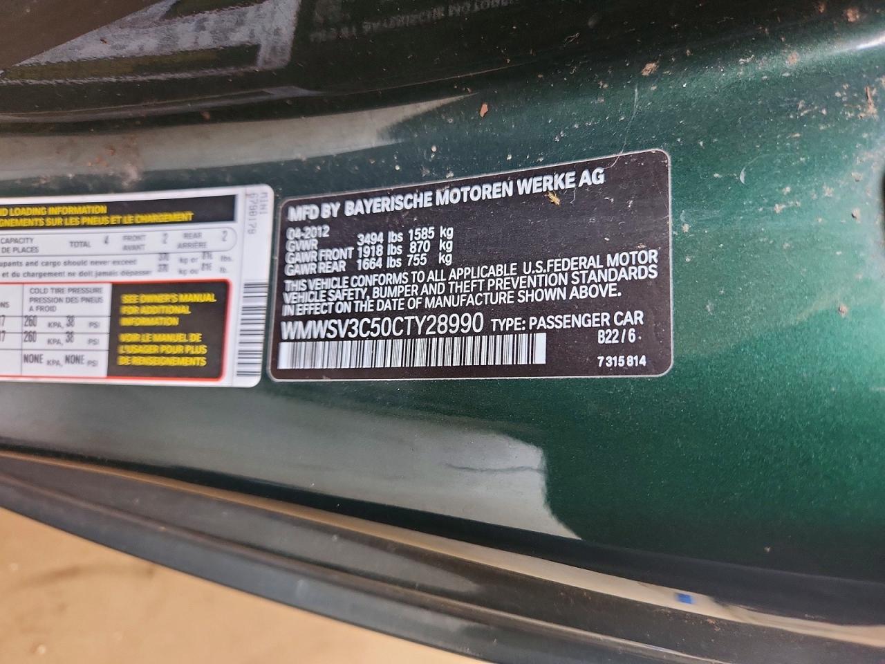2012 Mini Cooper S Green vin: WMWSV3C50CTY28990