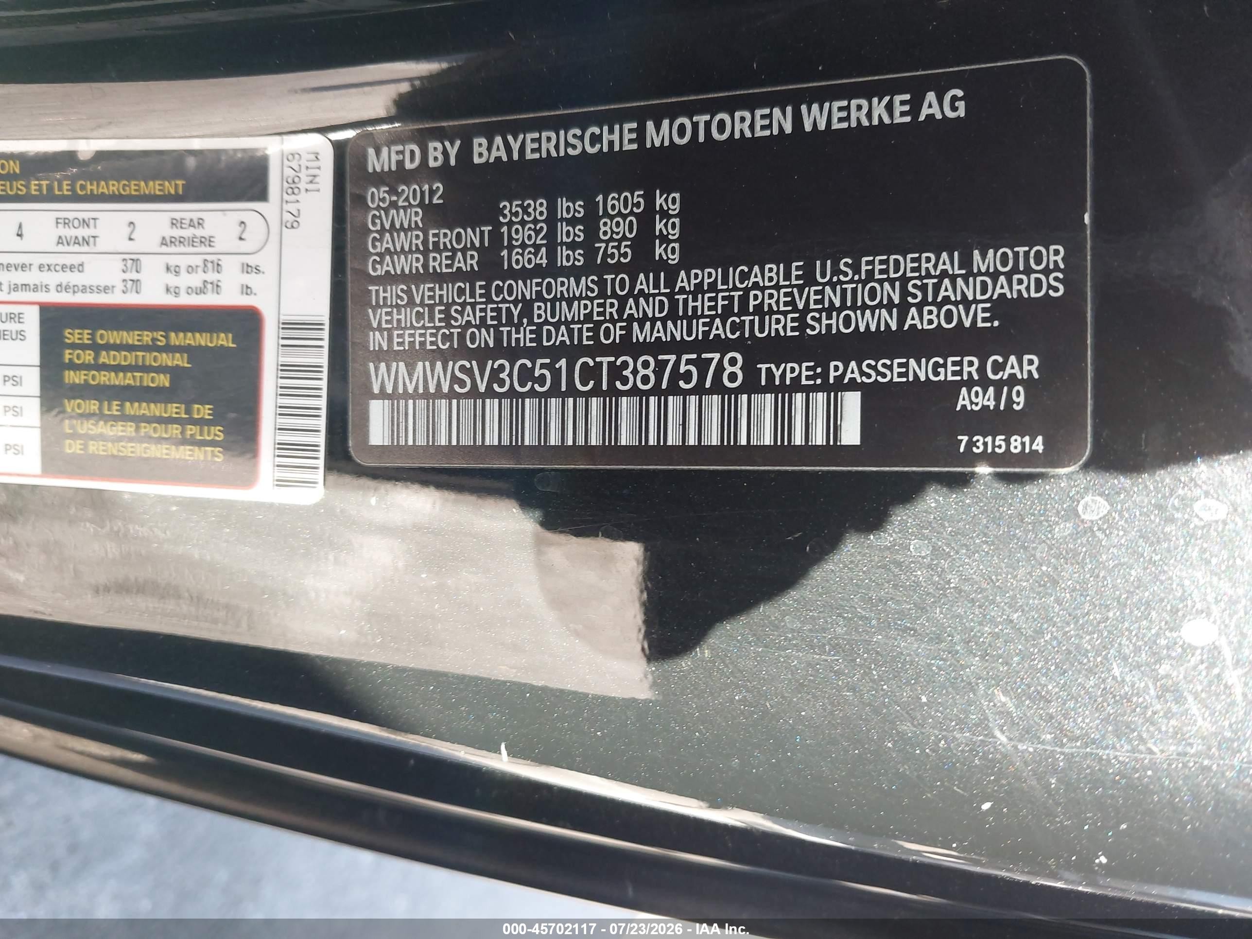 2012 Mini Cooper S   Black vin: WMWSV3C51CT387578