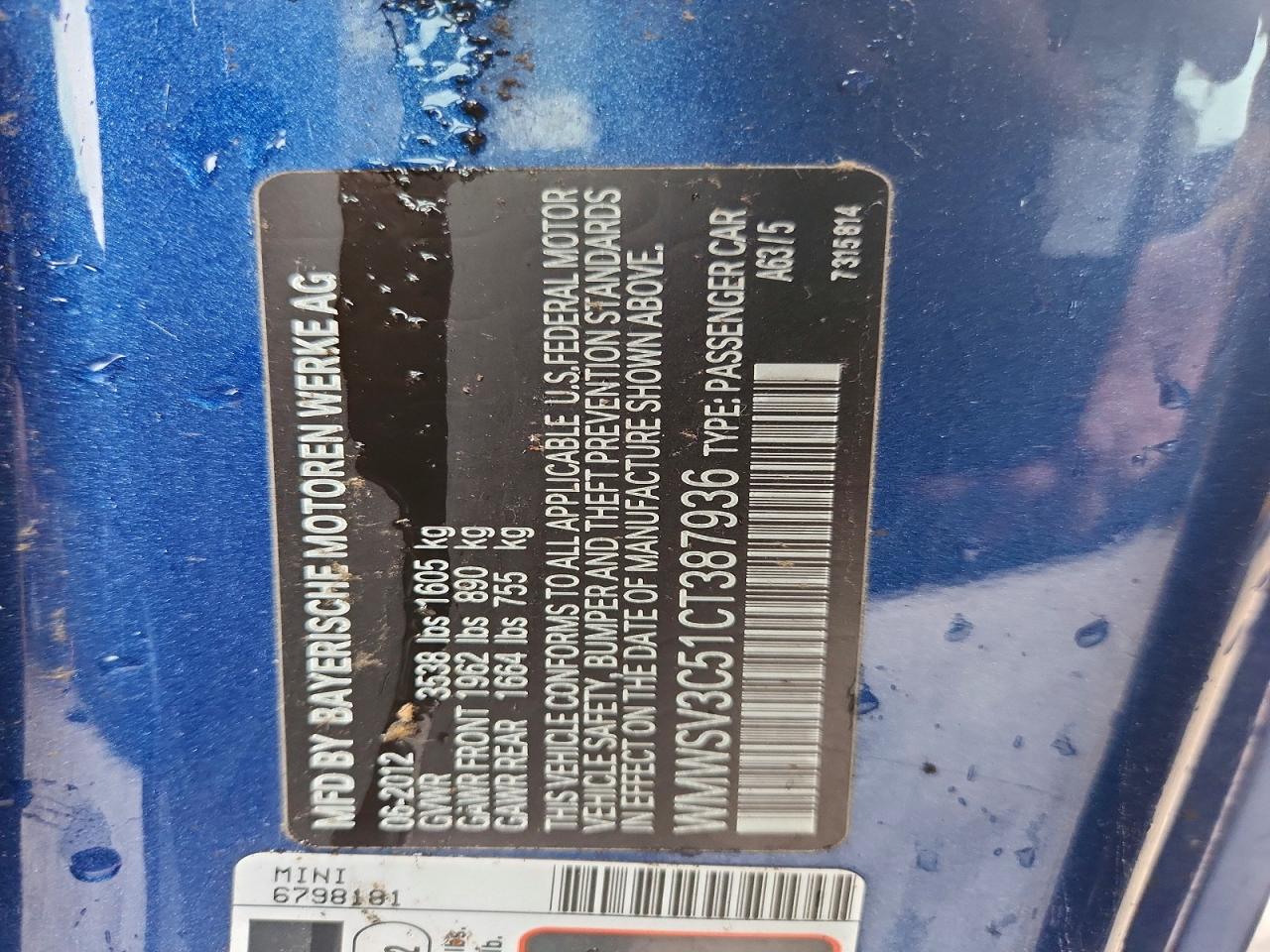 2012 Mini Cooper S Blue vin: WMWSV3C51CT387936