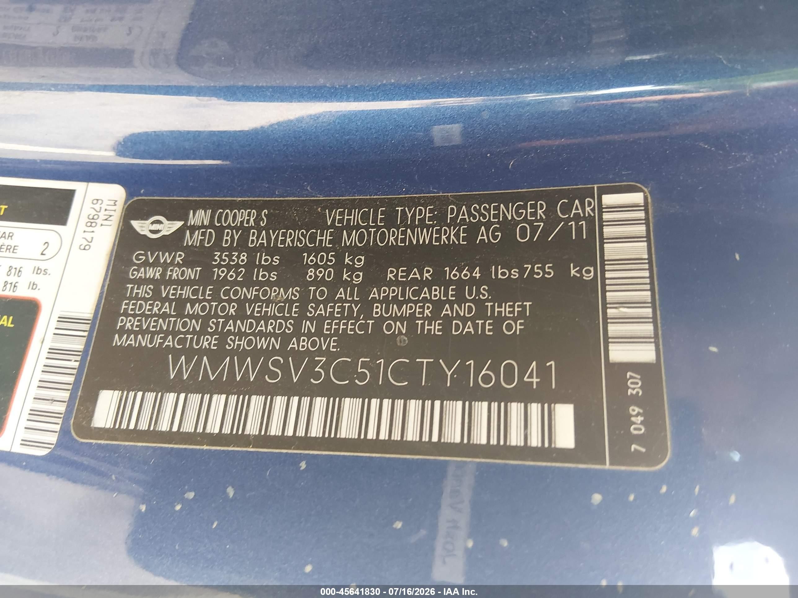 2012 Mini Cooper S   Blue vin: WMWSV3C51CTY16041