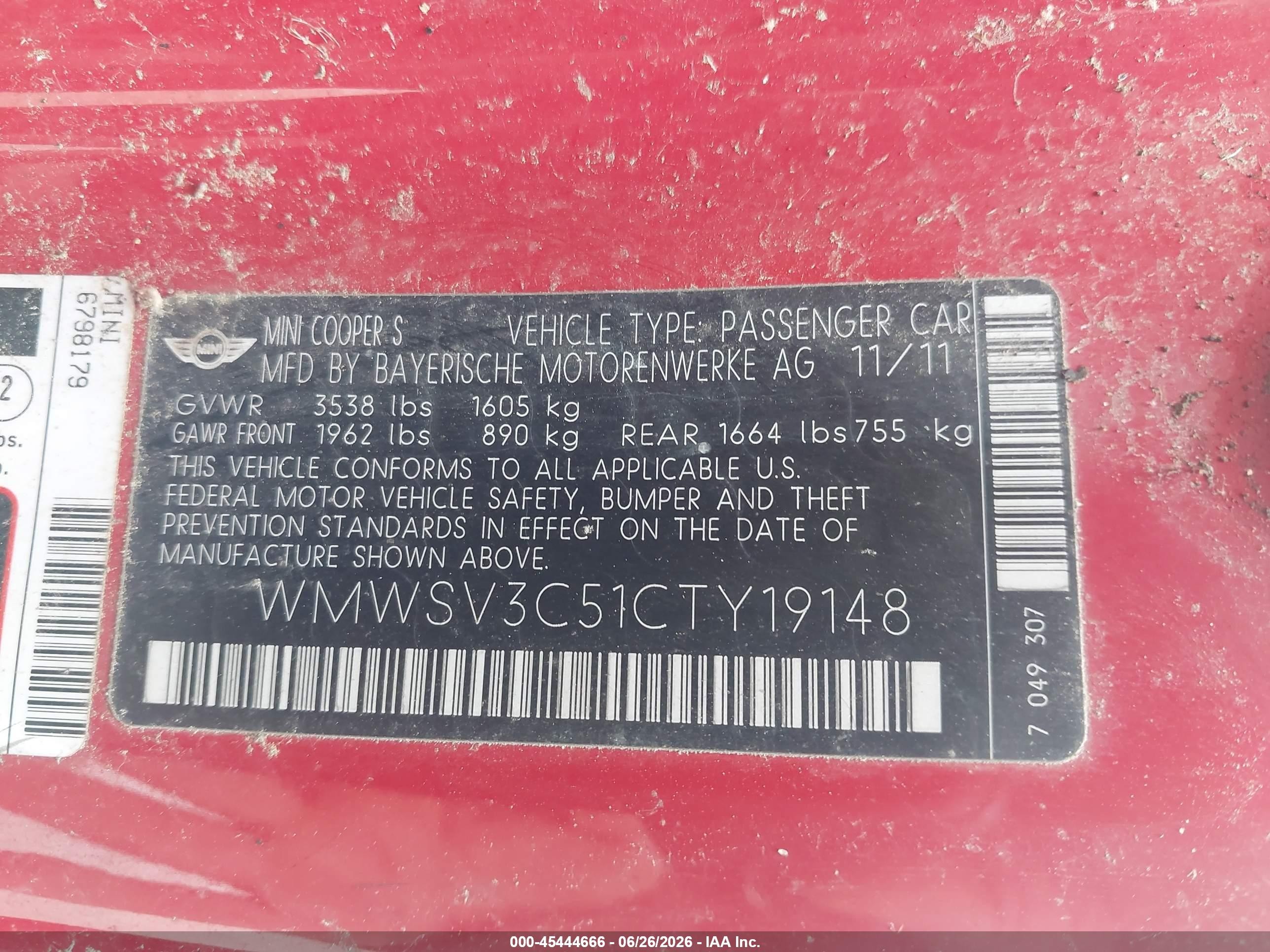 2012 Mini Cooper S   Red vin: WMWSV3C51CTY19148