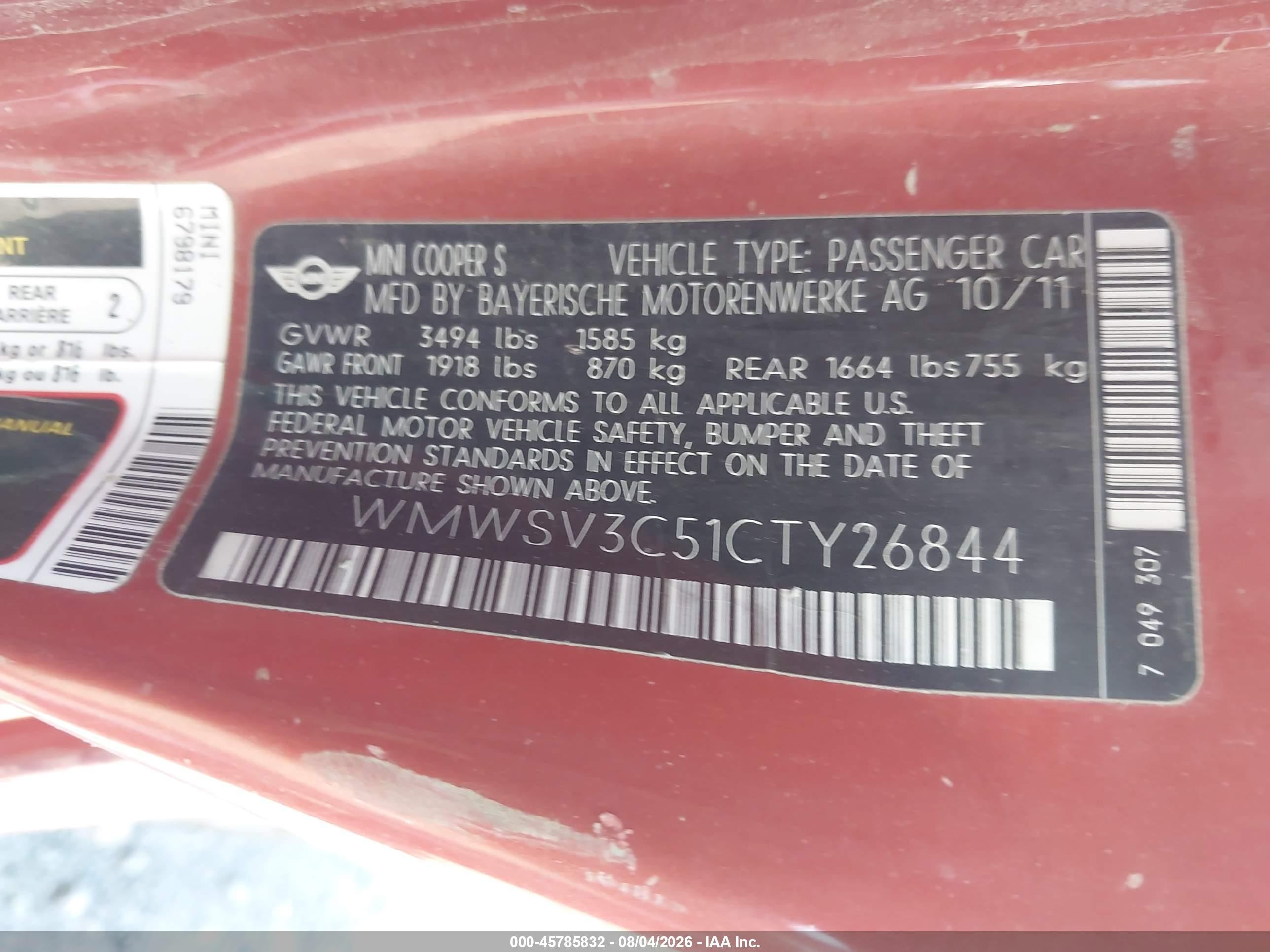 2012 Mini Cooper S   Orange vin: WMWSV3C51CTY26844