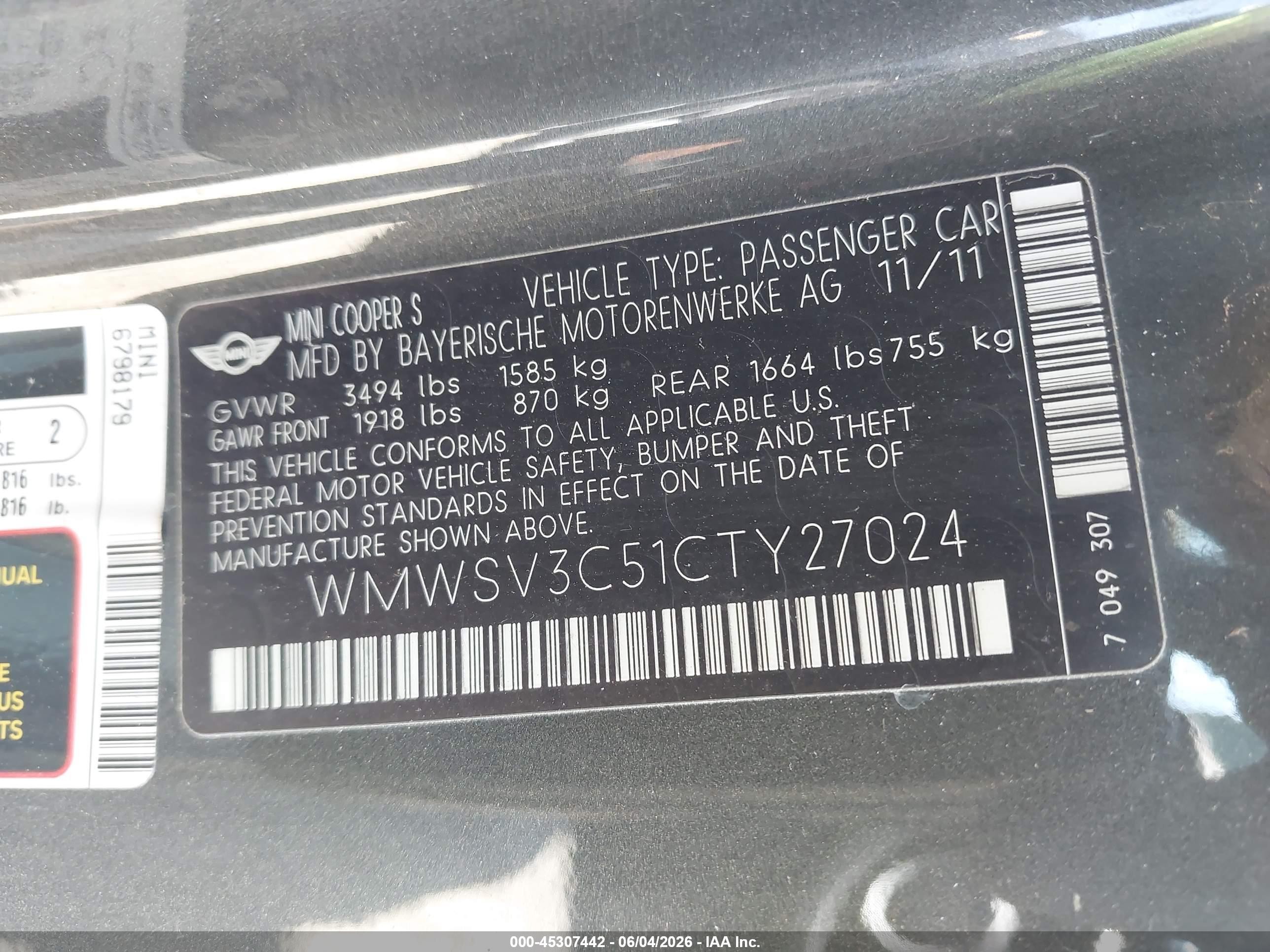 2012 Mini Cooper S   Green vin: WMWSV3C51CTY27024