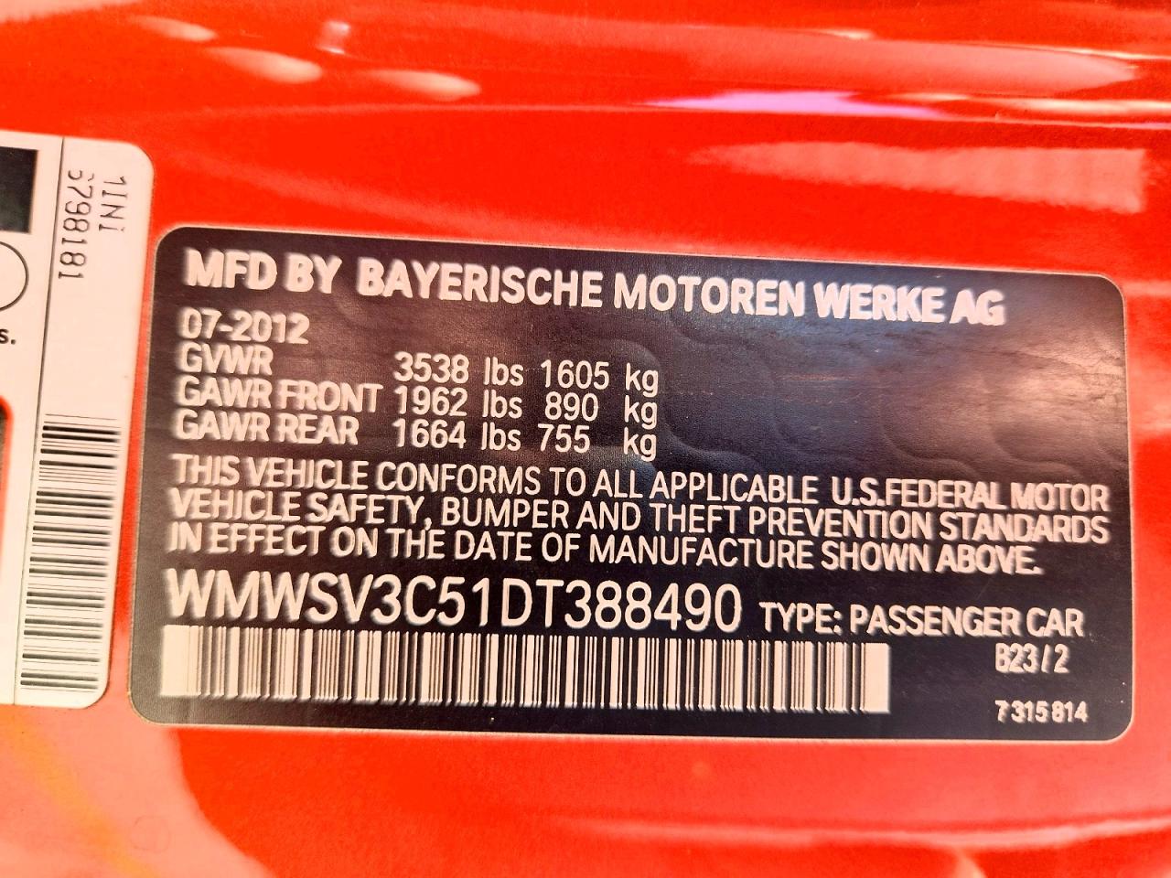 2013 Mini Cooper S Orange vin: WMWSV3C51DT388490