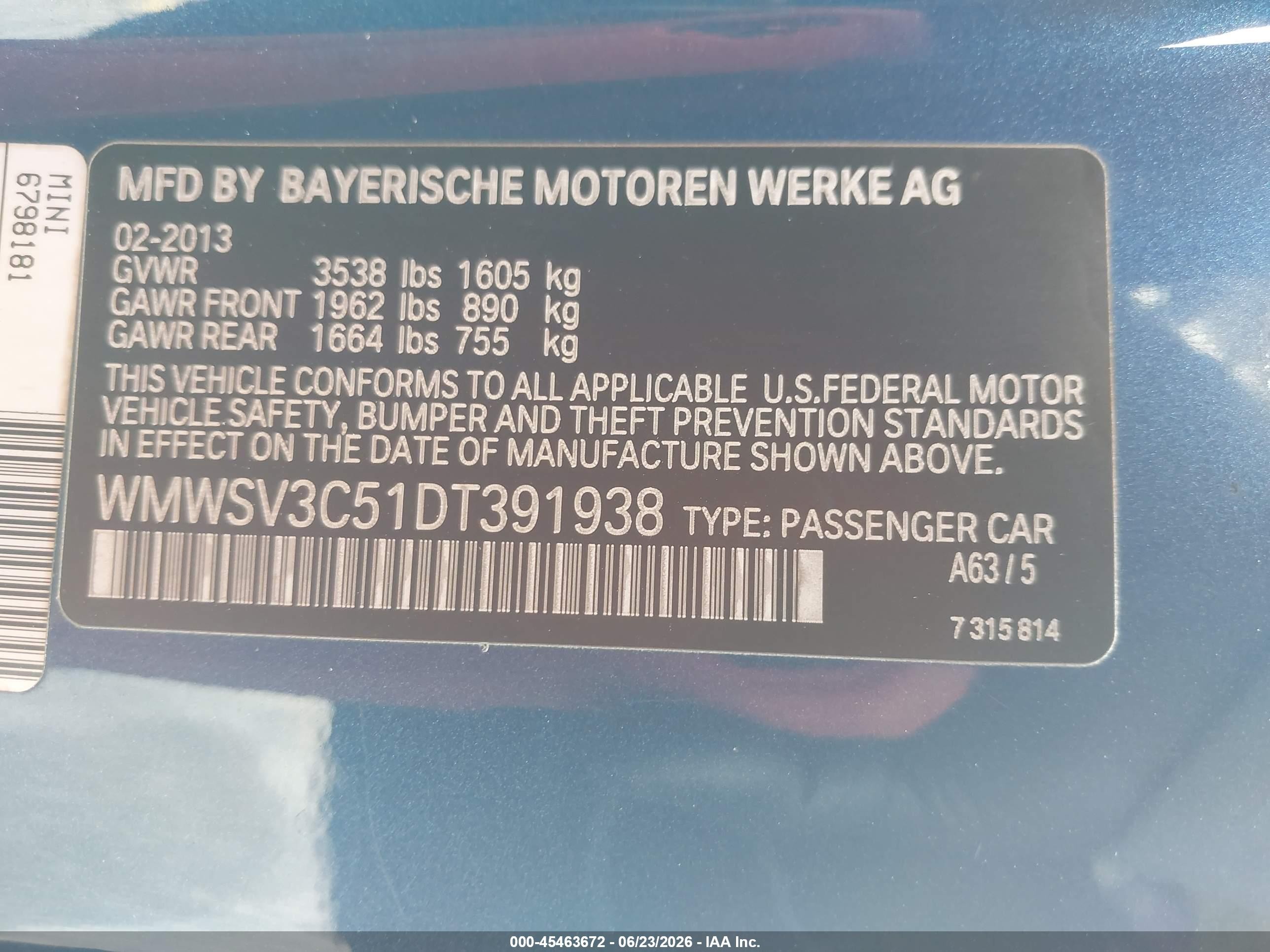 2013 Mini Hardtop Cooper S Blue vin: WMWSV3C51DT391938