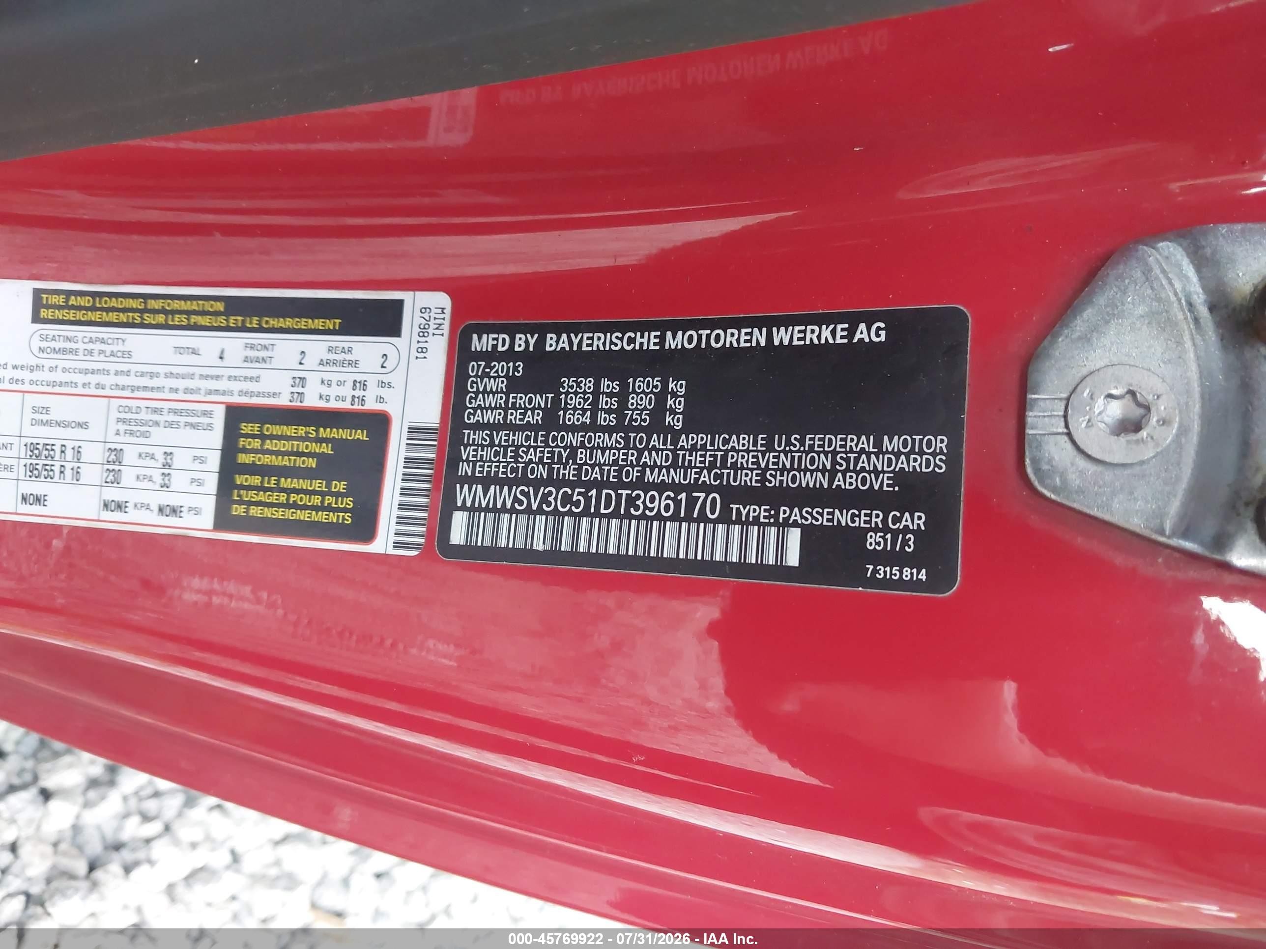 2013 Mini Hardtop Cooper S Red vin: WMWSV3C51DT396170