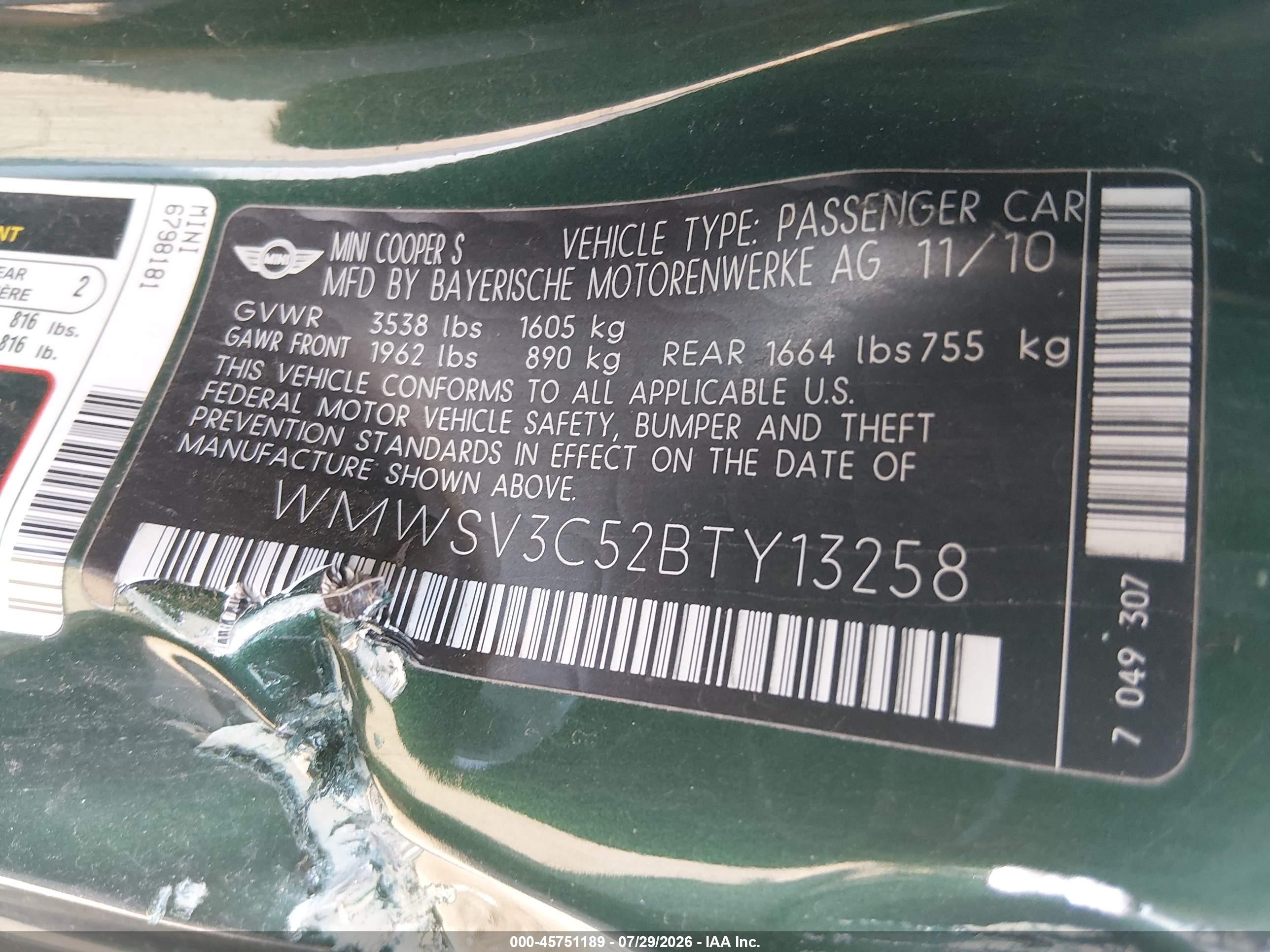 2011 Mini Cooper S   Green vin: WMWSV3C52BTY13258