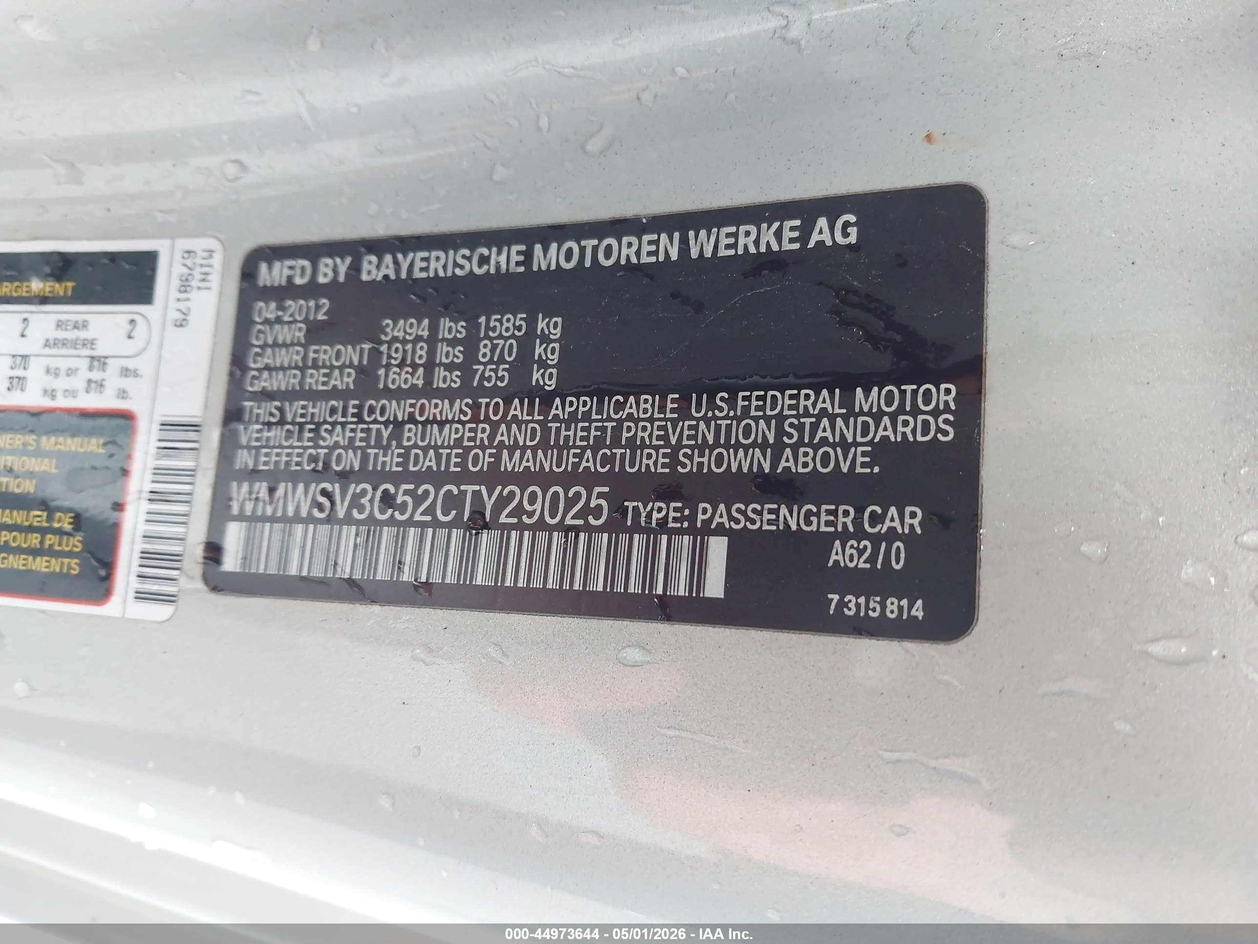 2012 Mini Cooper S   White vin: WMWSV3C52CTY29025