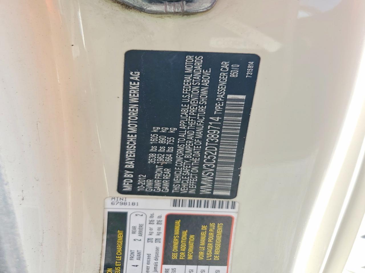 2013 Mini Cooper S White vin: WMWSV3C52DT389714