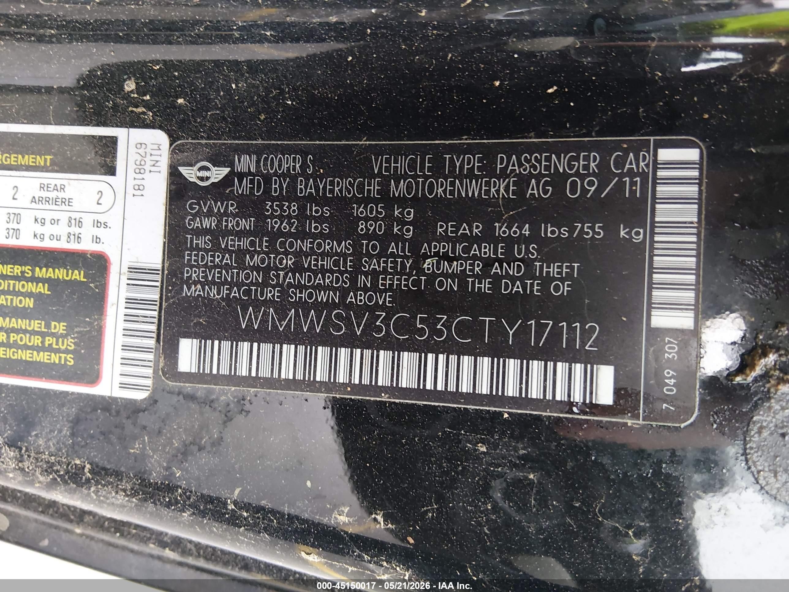 2012 Mini Cooper S   Black vin: WMWSV3C53CTY17112