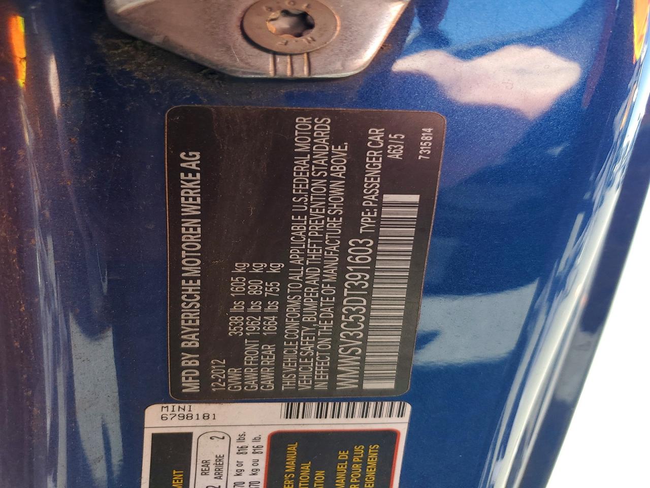 2013 Mini Cooper S Blue vin: WMWSV3C53DT391603