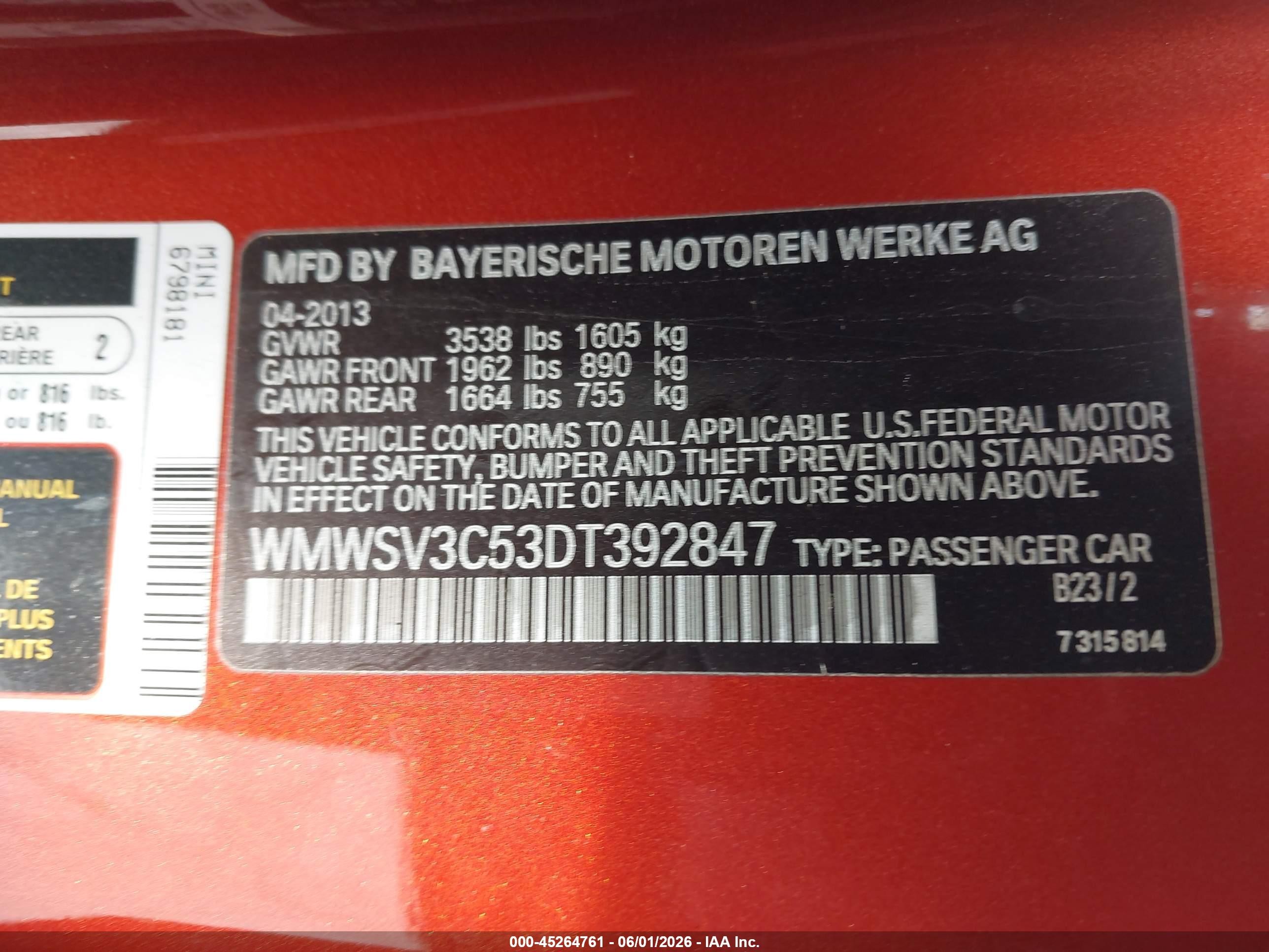 2013 Mini Hardtop Cooper S Orange vin: WMWSV3C53DT392847