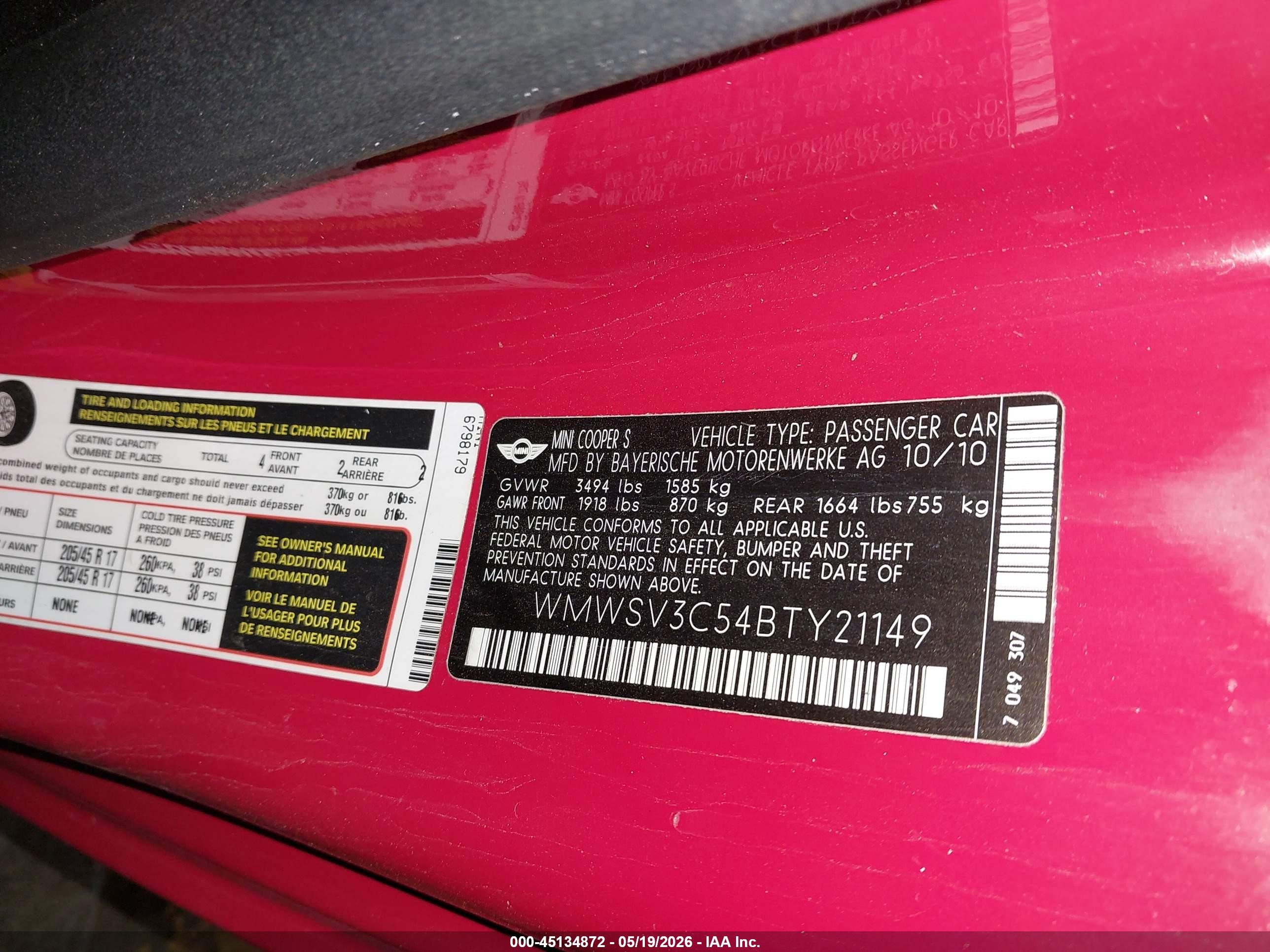 2011 Mini Cooper S   Red vin: WMWSV3C54BTY21149
