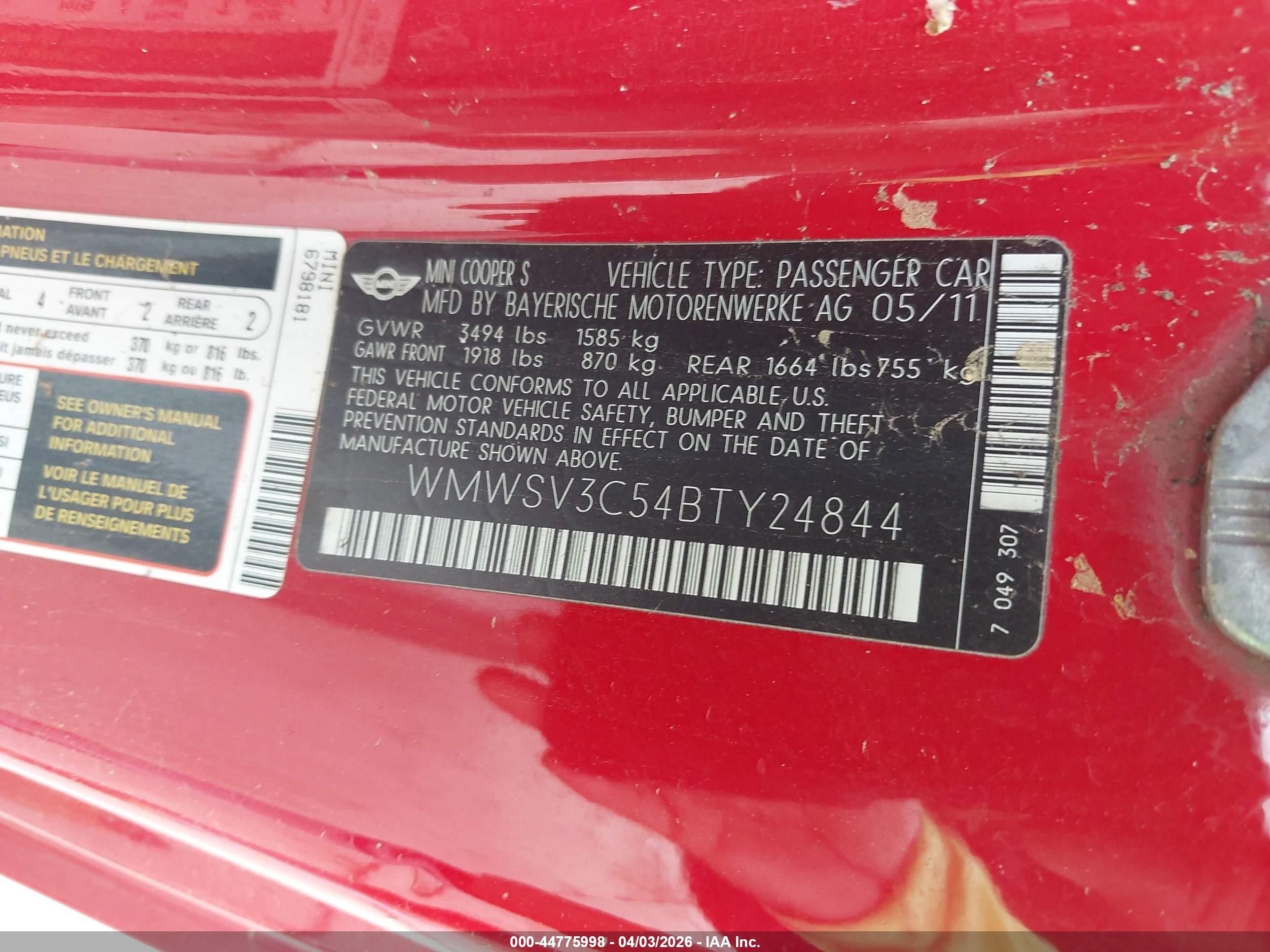 2011 Mini Cooper S   Красный vin: WMWSV3C54BTY24844