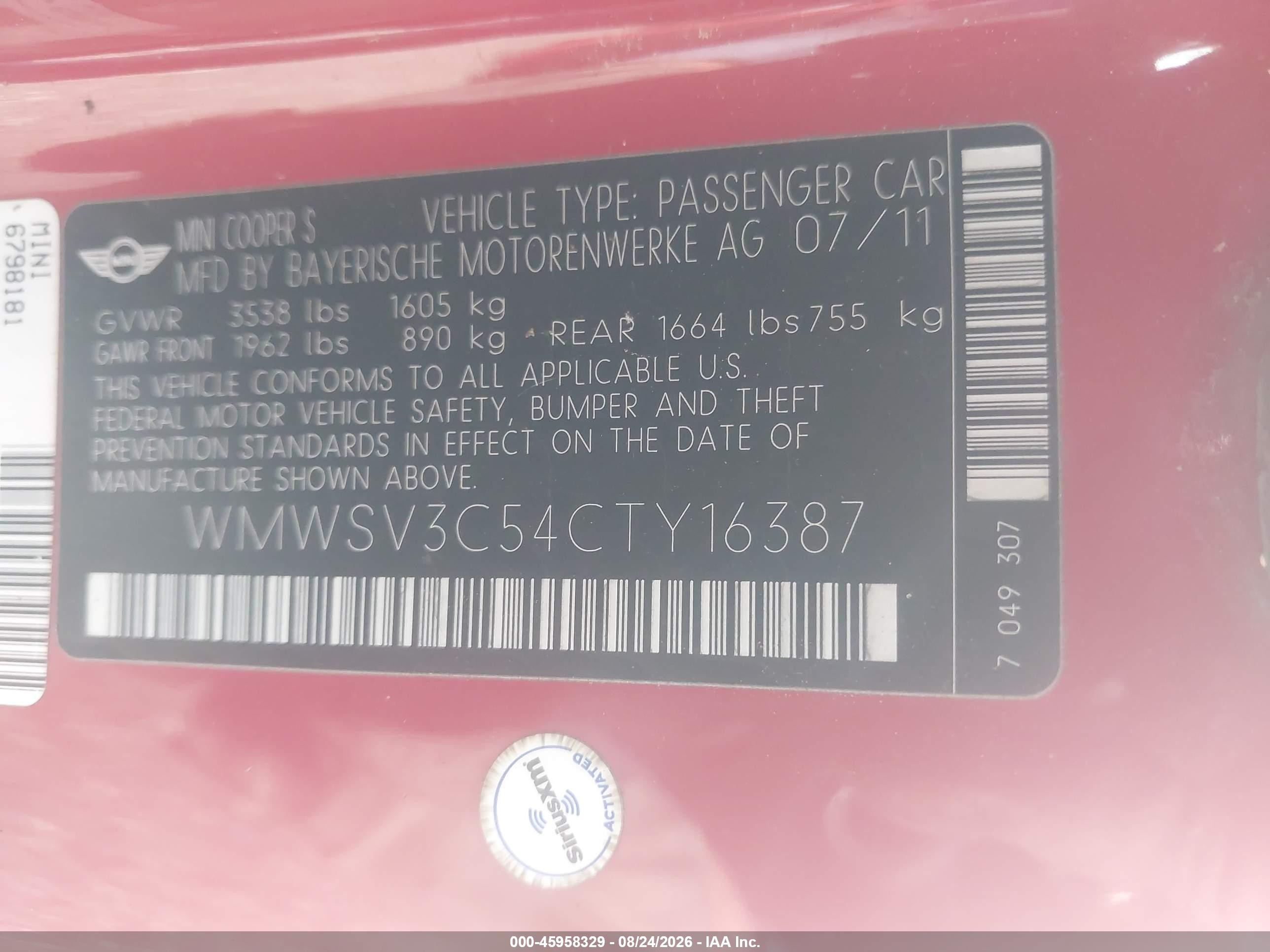 2012 Mini Cooper S   Red vin: WMWSV3C54CTY16387