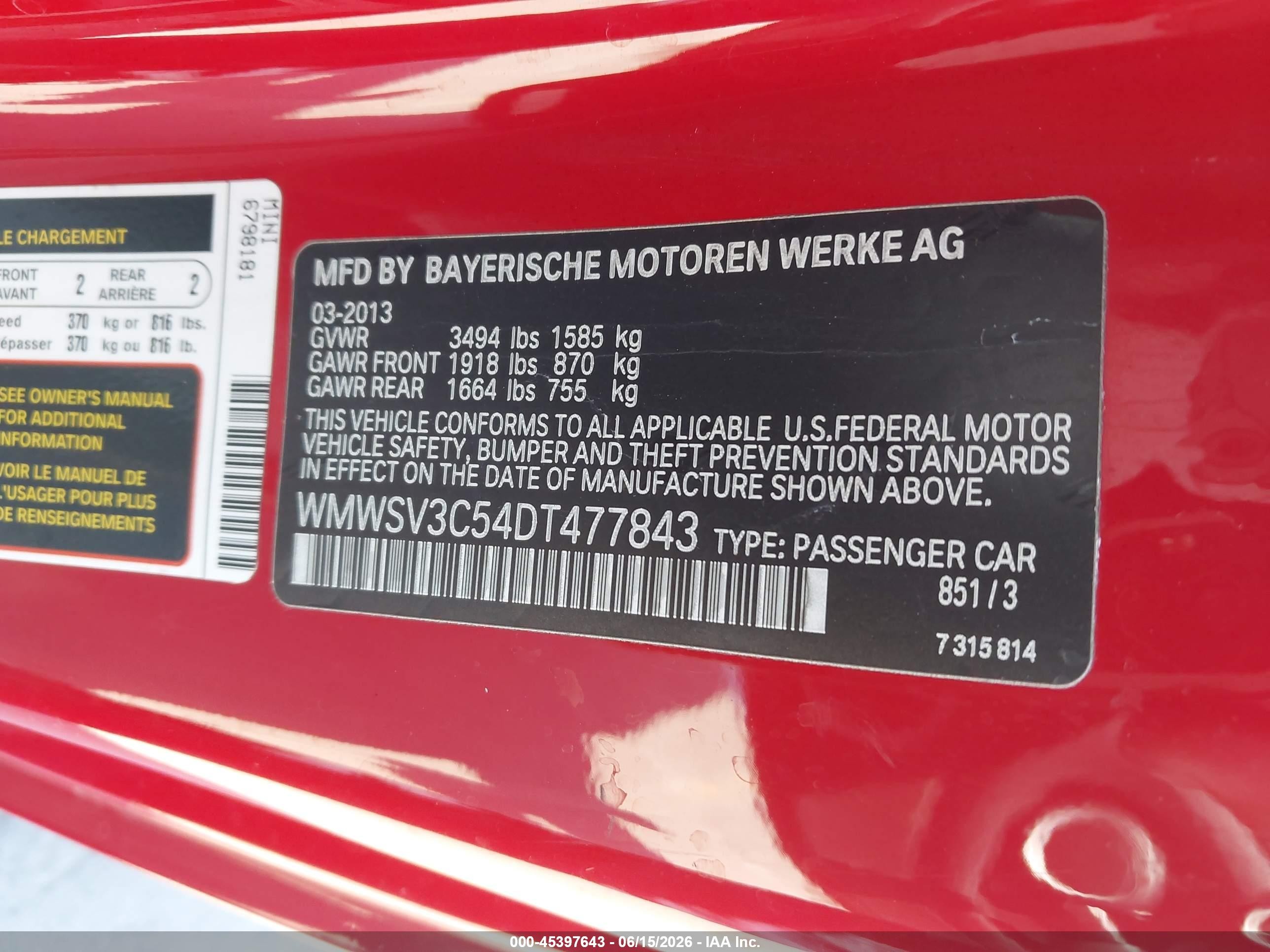 2013 Mini Hardtop Cooper S Red vin: WMWSV3C54DT477843